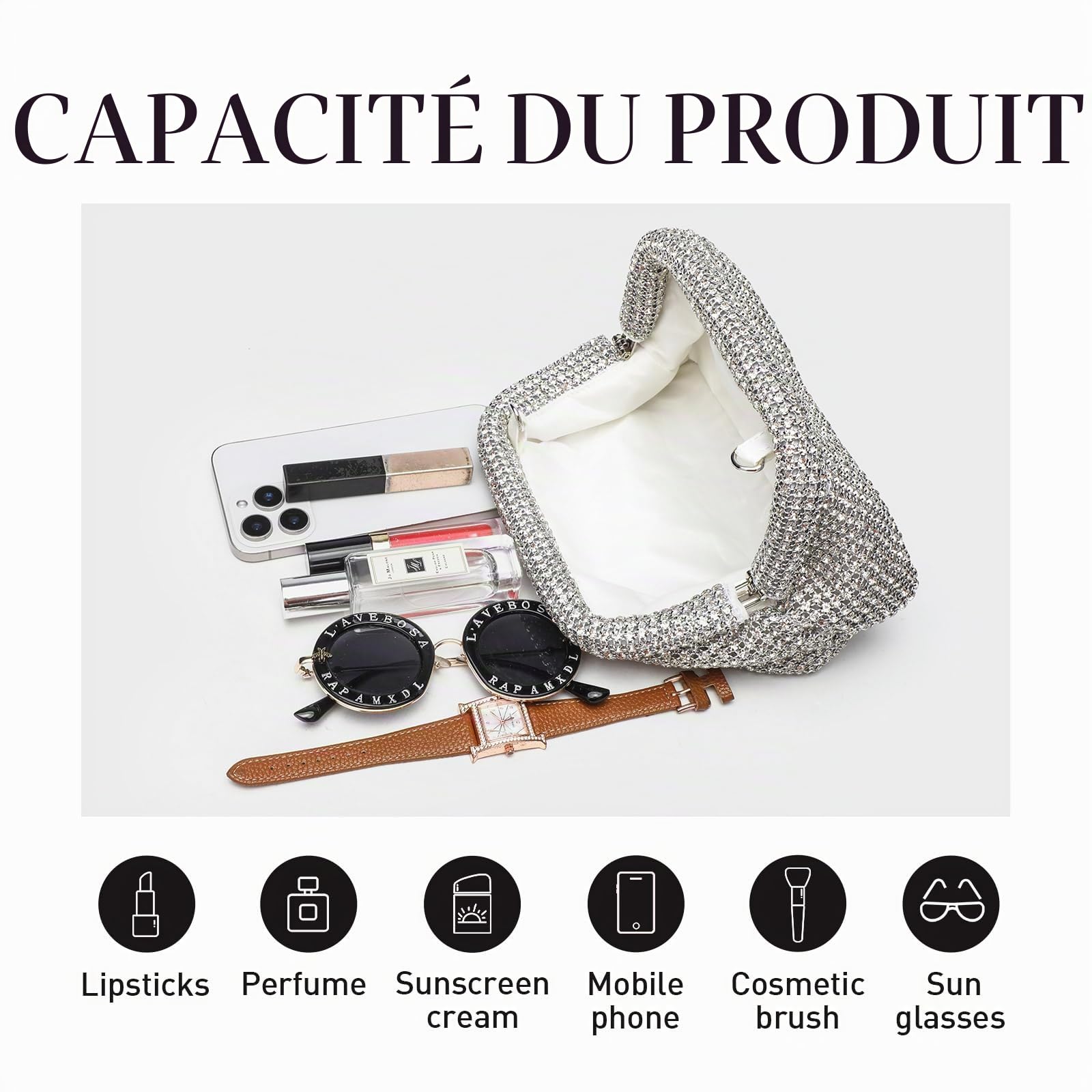 Pochette à Strass Scintillante pour Femme,Sac de Soirée en Forme de Nuage avec Boulettes de Diamants Scintillantes pour Fête et Mariage