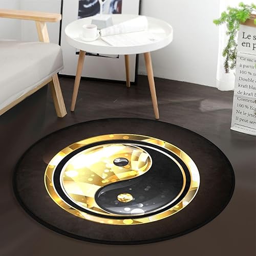 Yin Yang - Alfombra redonda de 3 pies lavable para dormitorio, sala de estar, alfombra circular dorada y negra, antideslizante, decoración de piso,