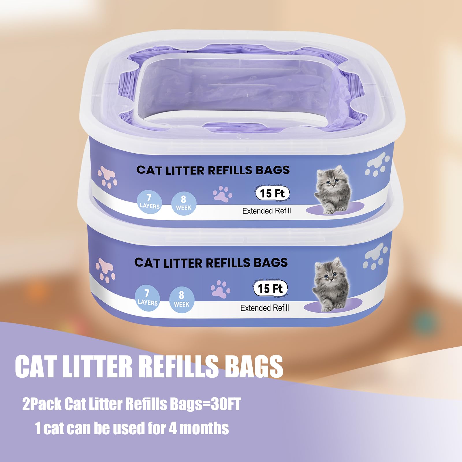 10 Piezas Recambios Cubos de Pañales,compatibles Litter Genie Standard, Plus,XL,Style,Bolsas de Recambio para Arena para Gatos,Super Control de olores，púrpura