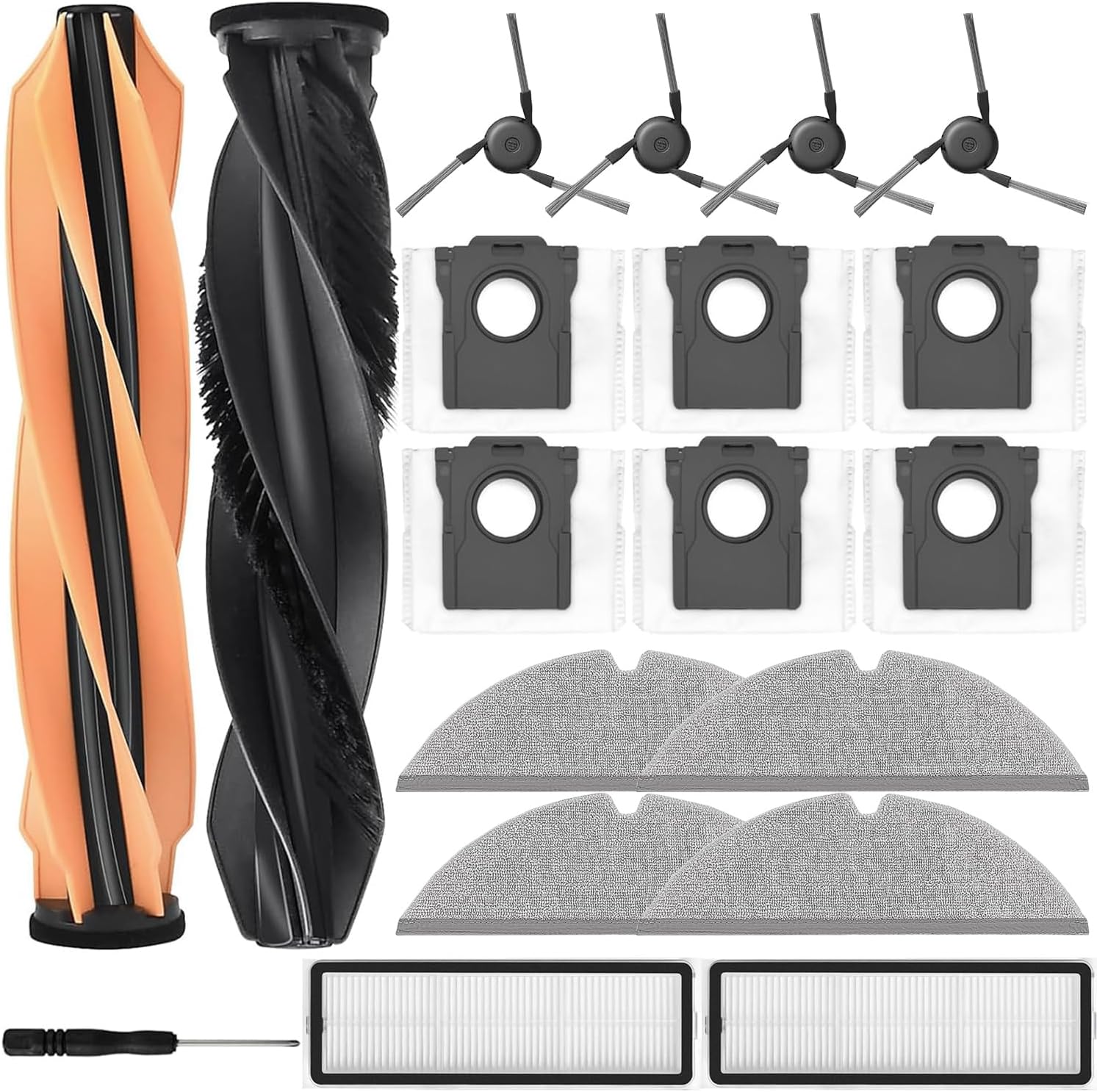 Accessories for D20 Pro Plus, 2 x Main Roller Brush 6 x Dust Bags 4 x Side Brushes 2 x Filters 4 x Cleaning Cloths, Spare Parts for Robot Vacuum Cleaners, Accessory Set