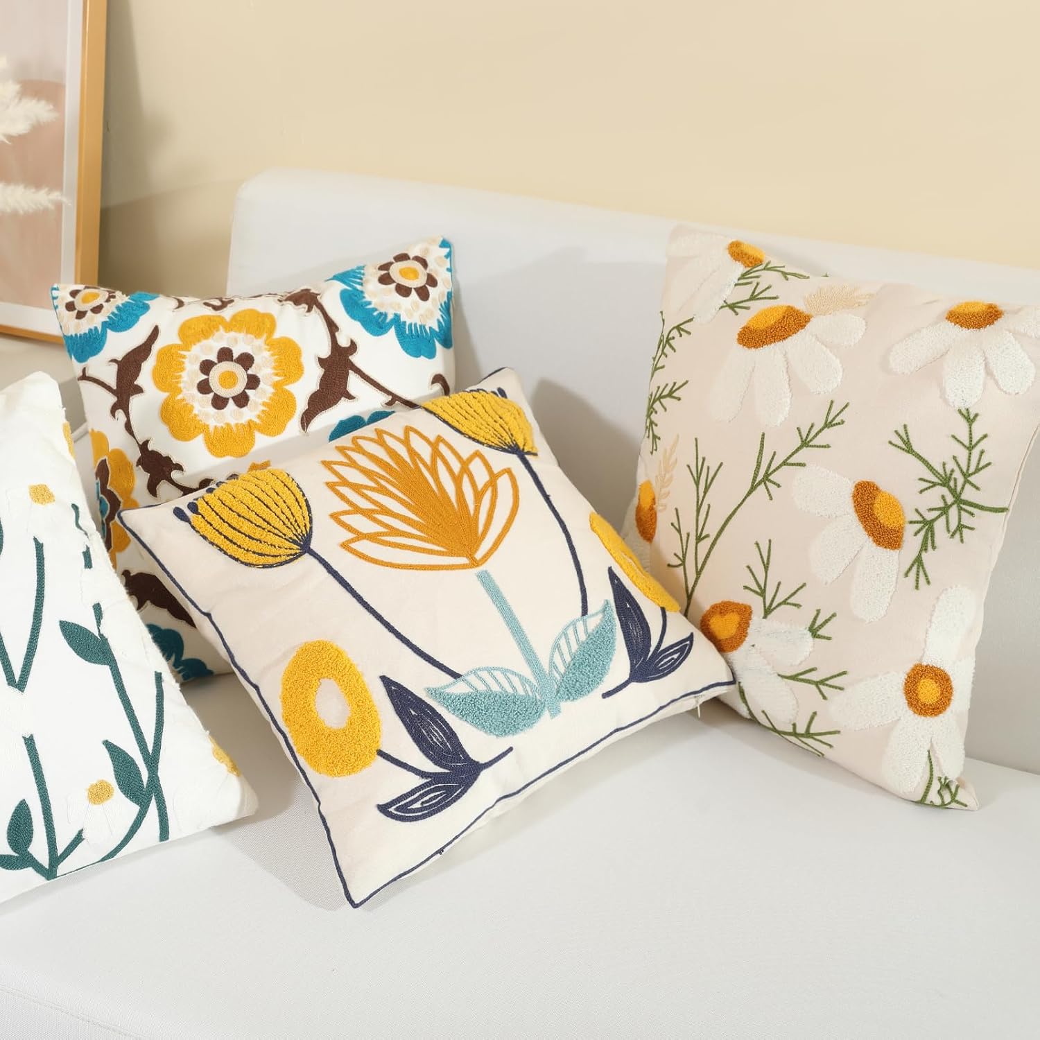 Sioloc フラワー装飾スロー枕カバー 2枚セット ジャカード枕カバー ソフト 正方形 クッション 居心地の良い枕カバー カウチ