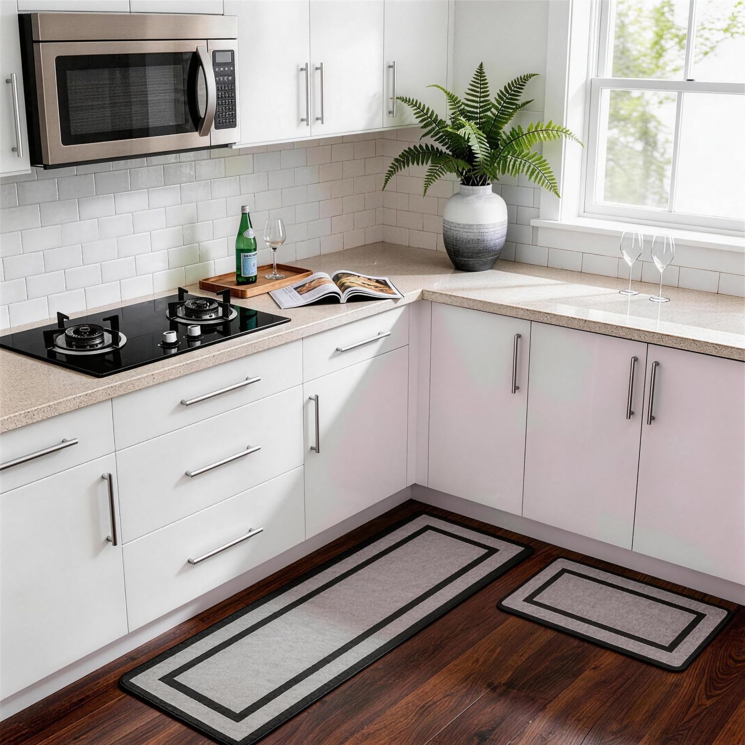 Premium Comfort PVC Kitchen Mat with Geometric Design - Heavy Duty Anti-Fatigue & Non-Slip Floor Pad for Sink & Stove Areas, Black & Grey (Grey-Based with Black Design, 44cm*150cm&44cm*75cm)