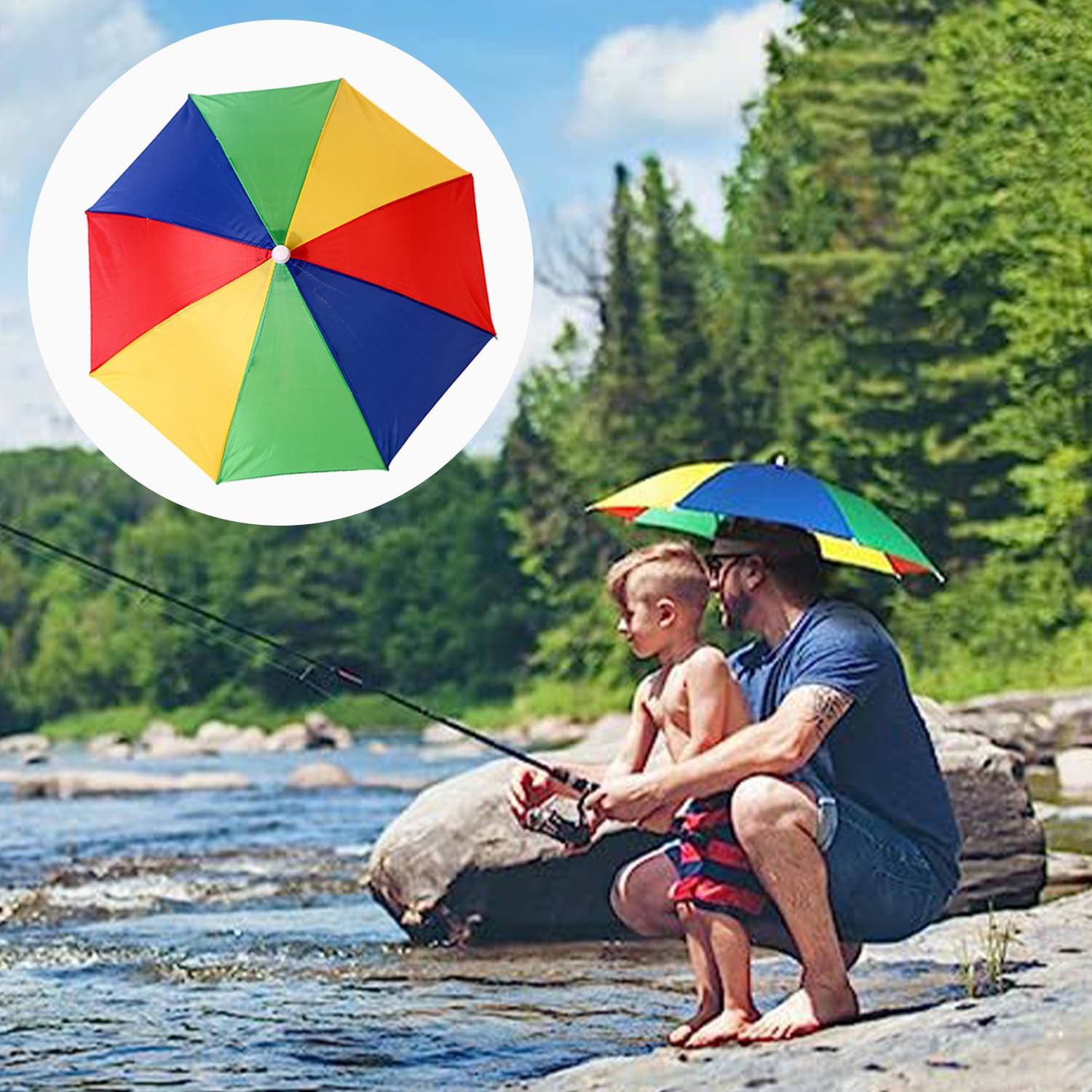 MEMOFYND 1 ombrello da pesca arcobaleno, pieghevole con fascia elastica regolabile, protezione solare e pioggia, UV 360°, scelta perfetta per spiaggia e attività all'aperto