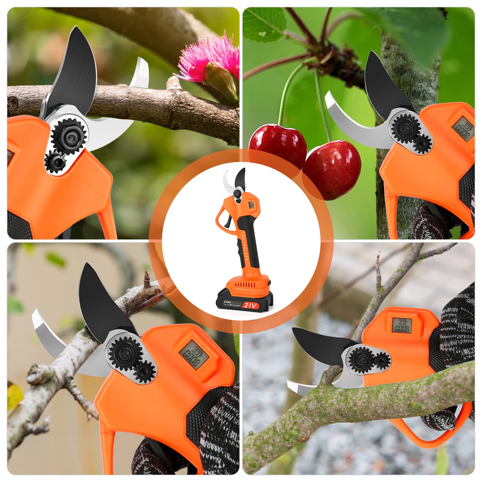 Akku Astschere mit LCD Anzeige, Schnurlose Elektrische Gartenschere mit 2 x 2000mAh Batterien und Max 40 mm SK5 Klingen, Tragbare Professionelle Elektrogartenscheren zum Baumschneiden