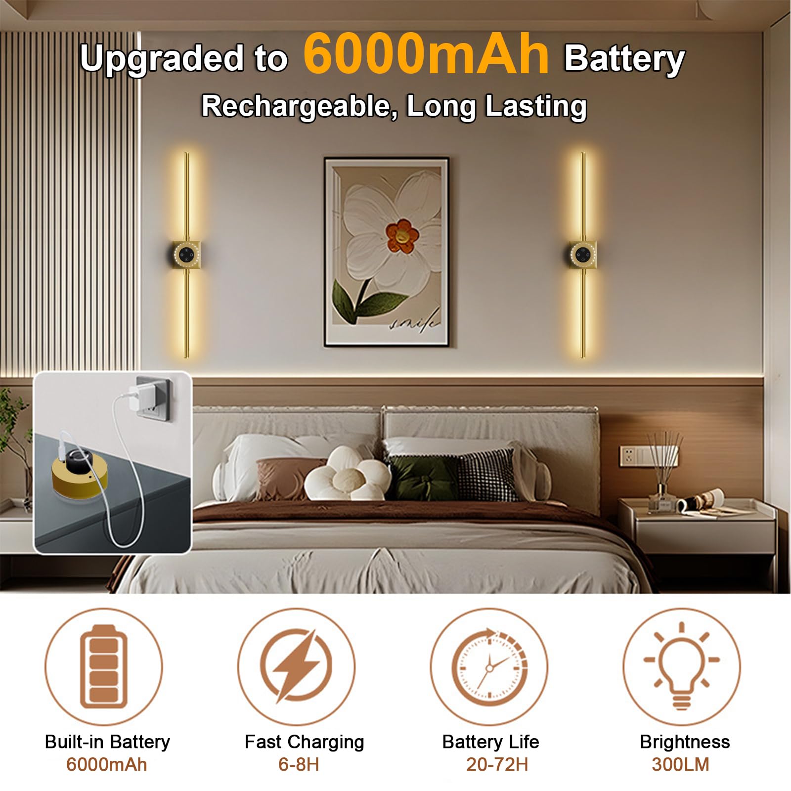 Akku Wandleuchte Innen Gold Touch Fernbedienung Dimmbar für Schlafzimmer | 78.5CM Lang Abnehmbar 6000 mAh Batterie USB Aufladbare Kabellos 360° Drehbarer Timer Tragbar Wandbeleuchtung für Wohnzimmer