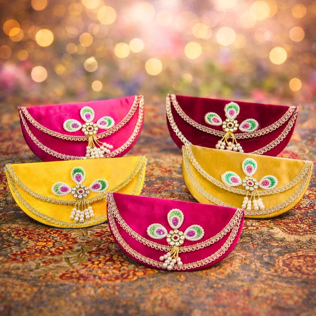 Designer Fabric Shagun Envelopes for Money Gifting (Any 3 Colors) | Fancy Semi-Circular Wedding Cash Envelopes with Stone Work | Lifafa for Marriage, Festive & Traditional Gifting (Set of 3, Oval)-image-43