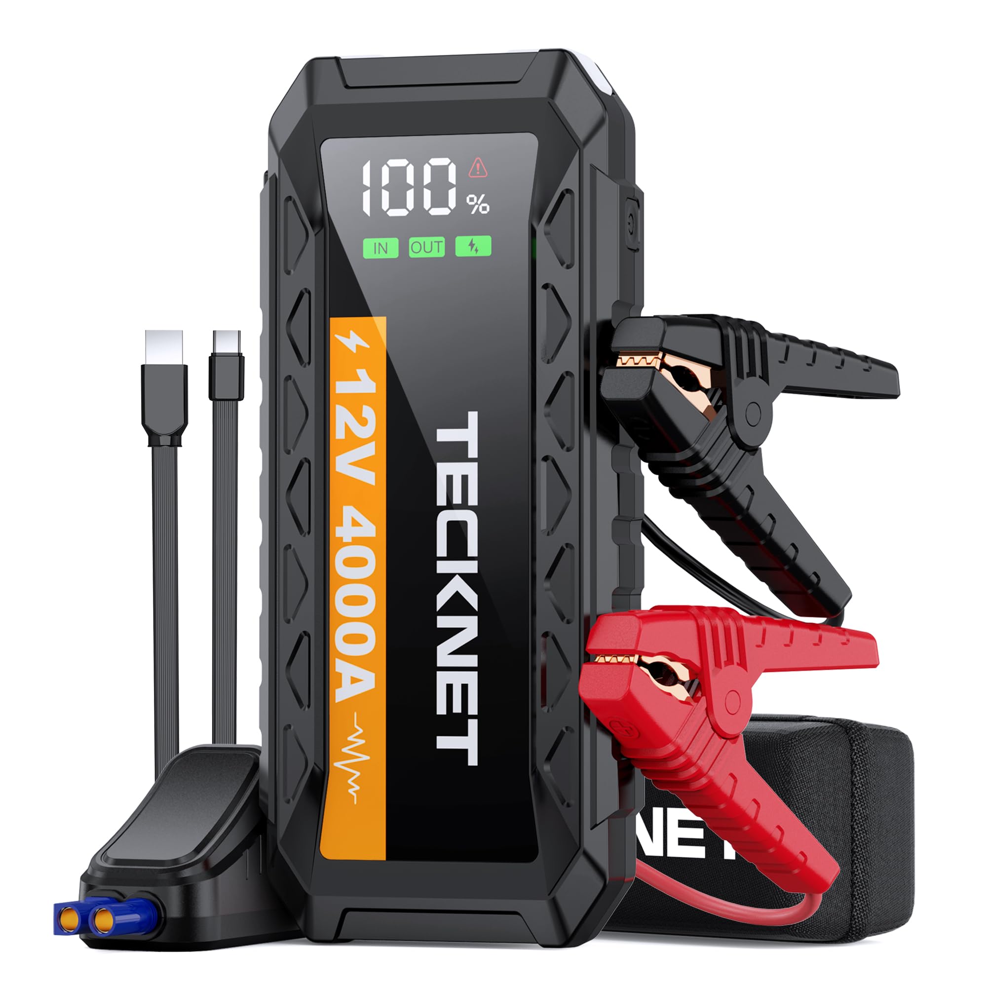 TECKNET Starthilfe Powerbank, 4000A Auto Starthilfe für 12V Fahrzeuge (Bis zu 10L Benzin/8L Diesel), Starter Powerbank mit LED, 2 Schnelllade USB Ausgänge, Batterie Jump Starter mit Starthilfekabel