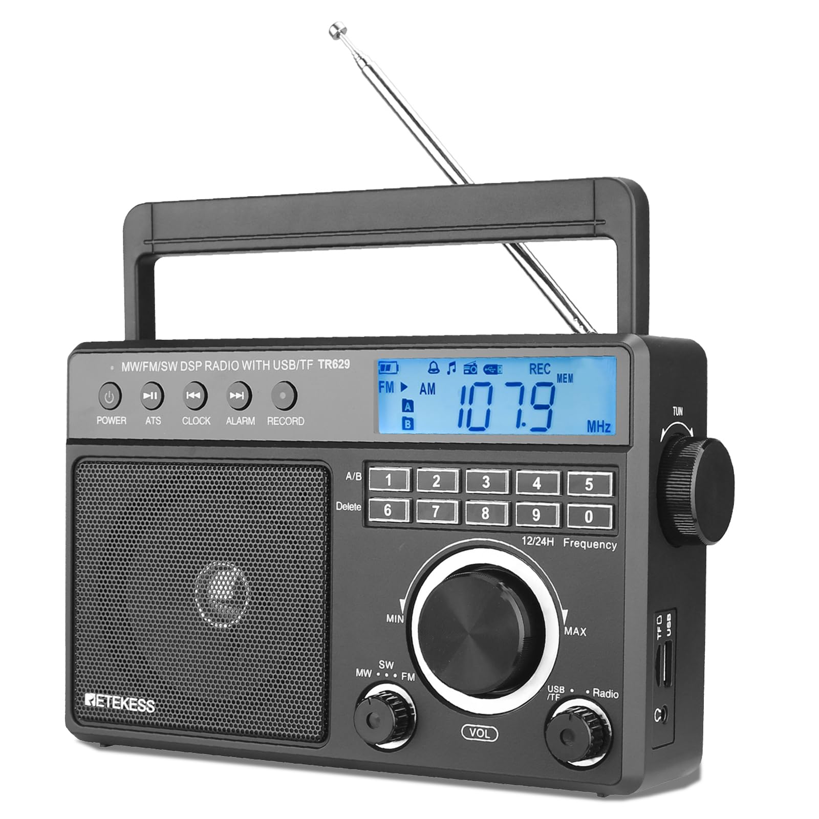Retekess TR629 Radiolina Portatile, Radio Digitale Portatile, FM AM Onde Corte SW, DSP, a Batteria e Corrente, USB SD Card, Allarme