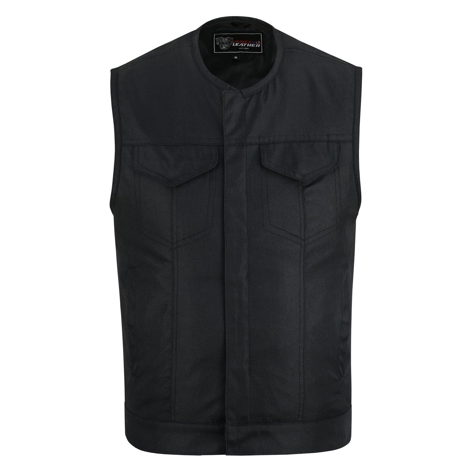 Vance Leather Mens Premium Black Textile Motorcycle Vest SOA Club Style Vest w/Front Zipper and Snap Closure