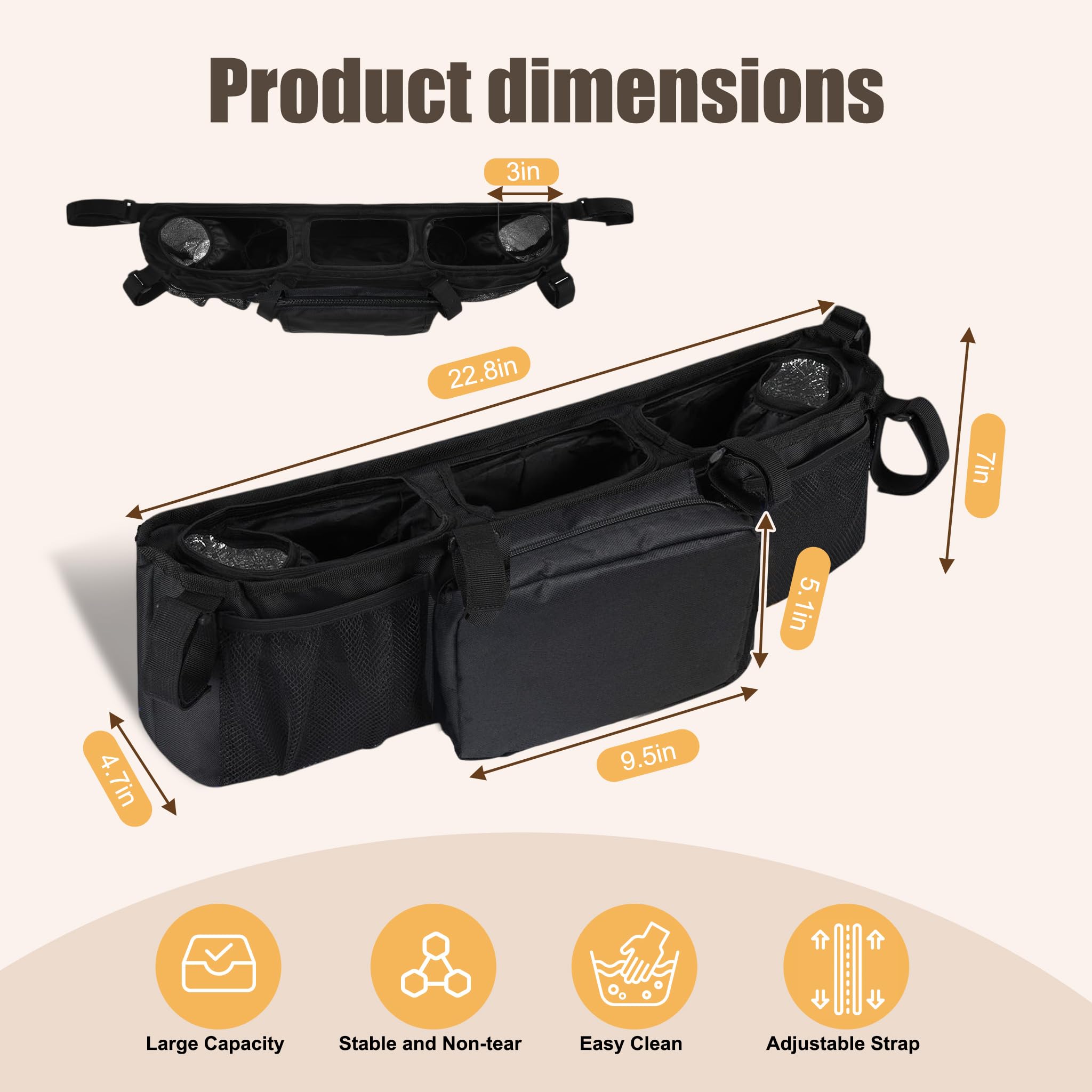 Double Stroller Organizer with Strong Holding Power and 2 Cooler Pockets,Stroller Caddy compatible with Bob Double Stroller and Baby Jogger City Mini GT2,Compatible with most Stroller Organizers - 5
