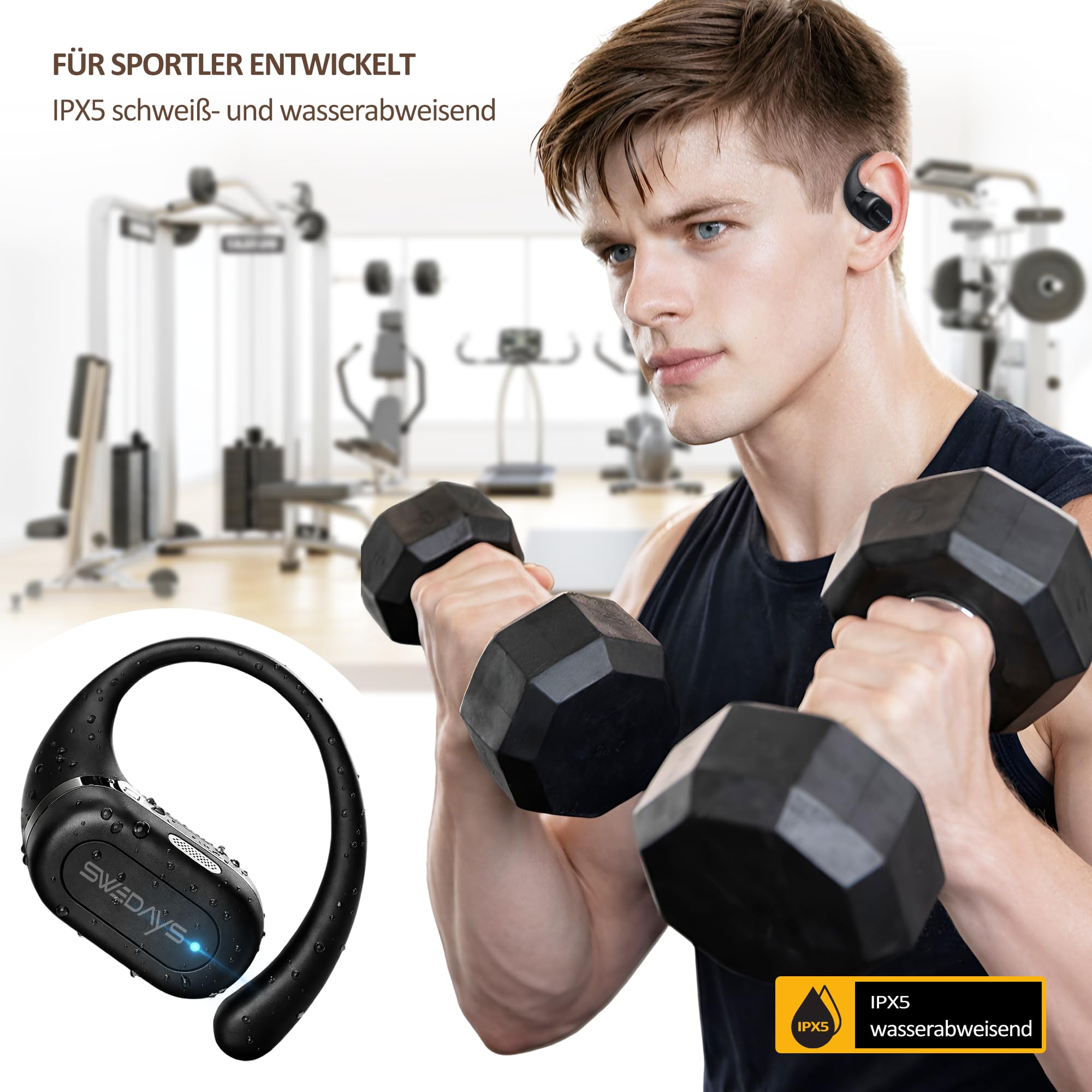Open-Ear Kopfhörer mit Ohrbügel, Kabellose Bluetooth Kopfhörer Sport mit ENC Noise Cancelling Mic, 40h Akku, IPX5 Wasserfest für Radfahren, Wandern, Laufen & Fitness