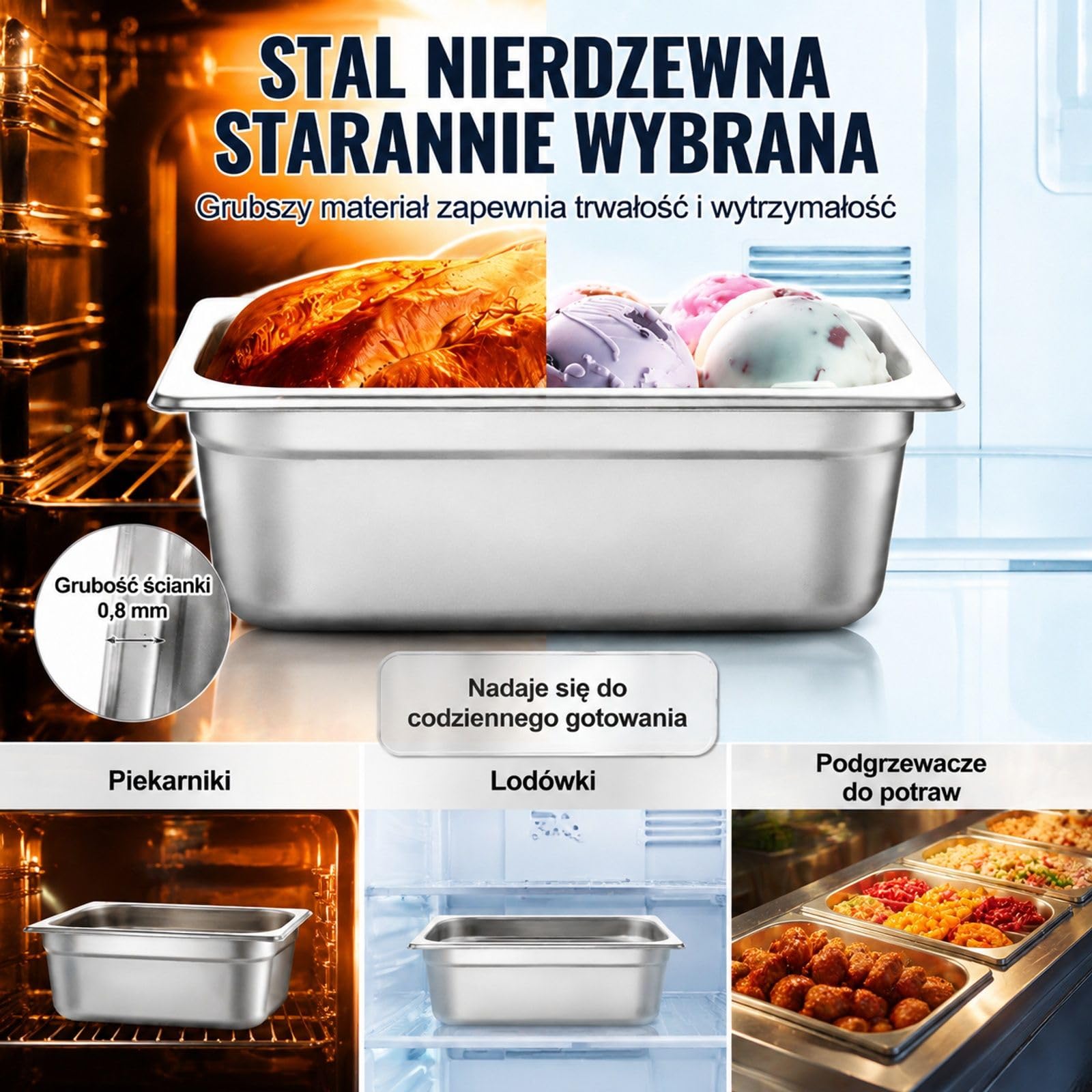 Zestaw 8 pojemników gastronomicznych ze stali nierdzewnej z pokrywkami do cateringu i bufetu