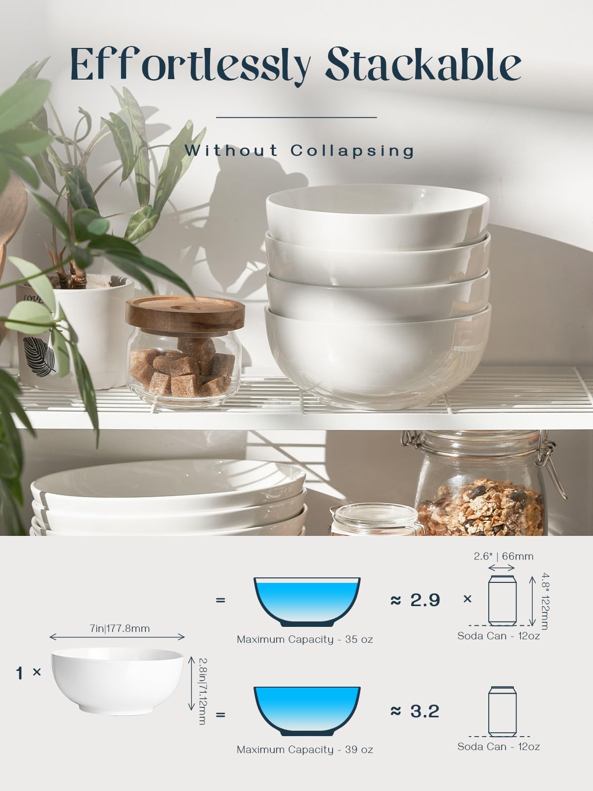 DOWAN Cuencos para Cereales, 1100ml/ø18cm Cuenco para Sopa de Cerámica, Cuencos Grandes para Servir Ensalada/Ramen, Apto para Microondas, para el Pastas | Fideos | Pho - Juego de 4, Blanco