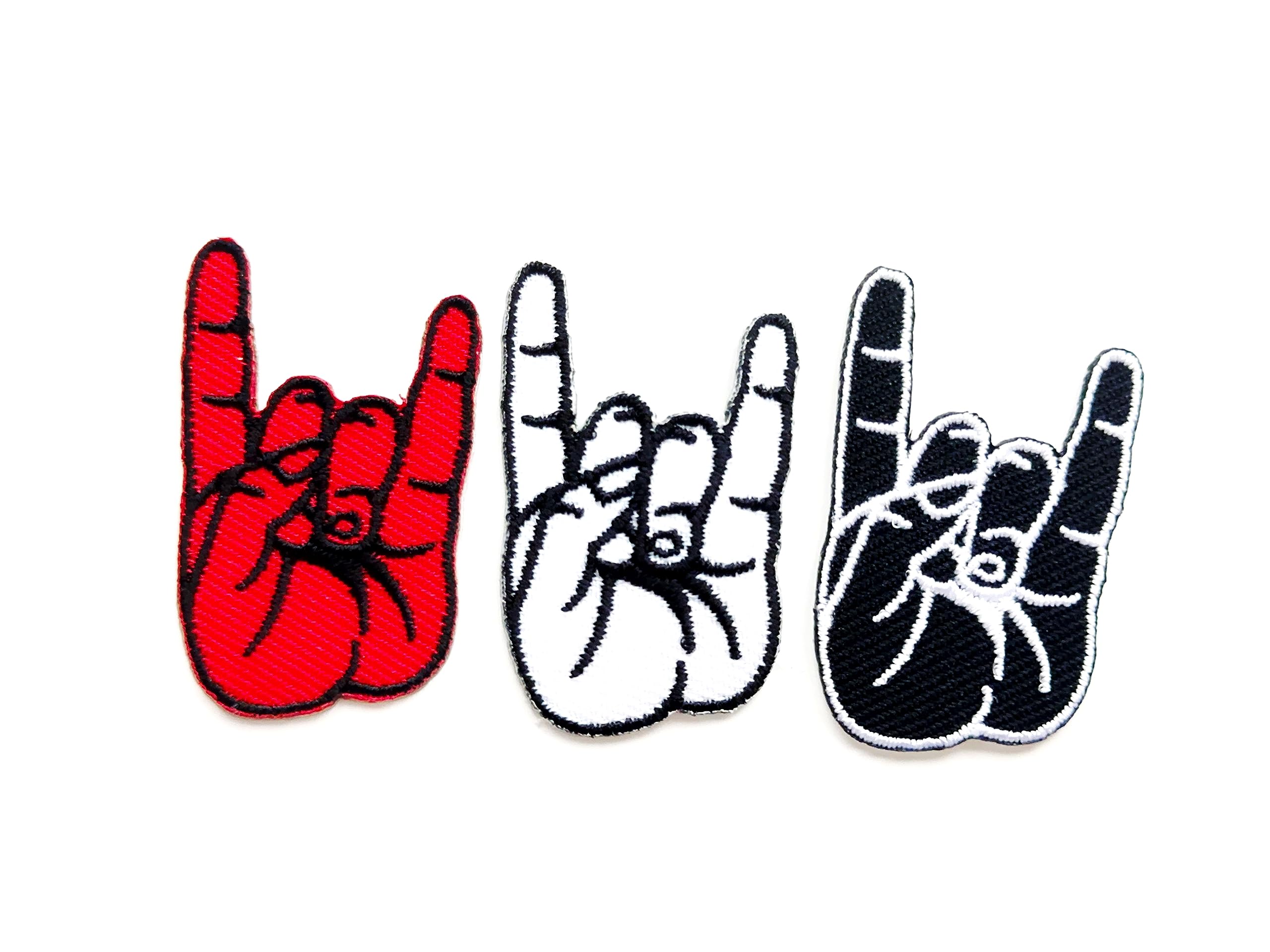 PL Set of 3 Tiny. Satanic Salute Rock Hand Sign Signal Finger hand1 Patches Cartoon Logo Sew Iron on Embroidered Applique Badge Sign Patch Clothing Costume