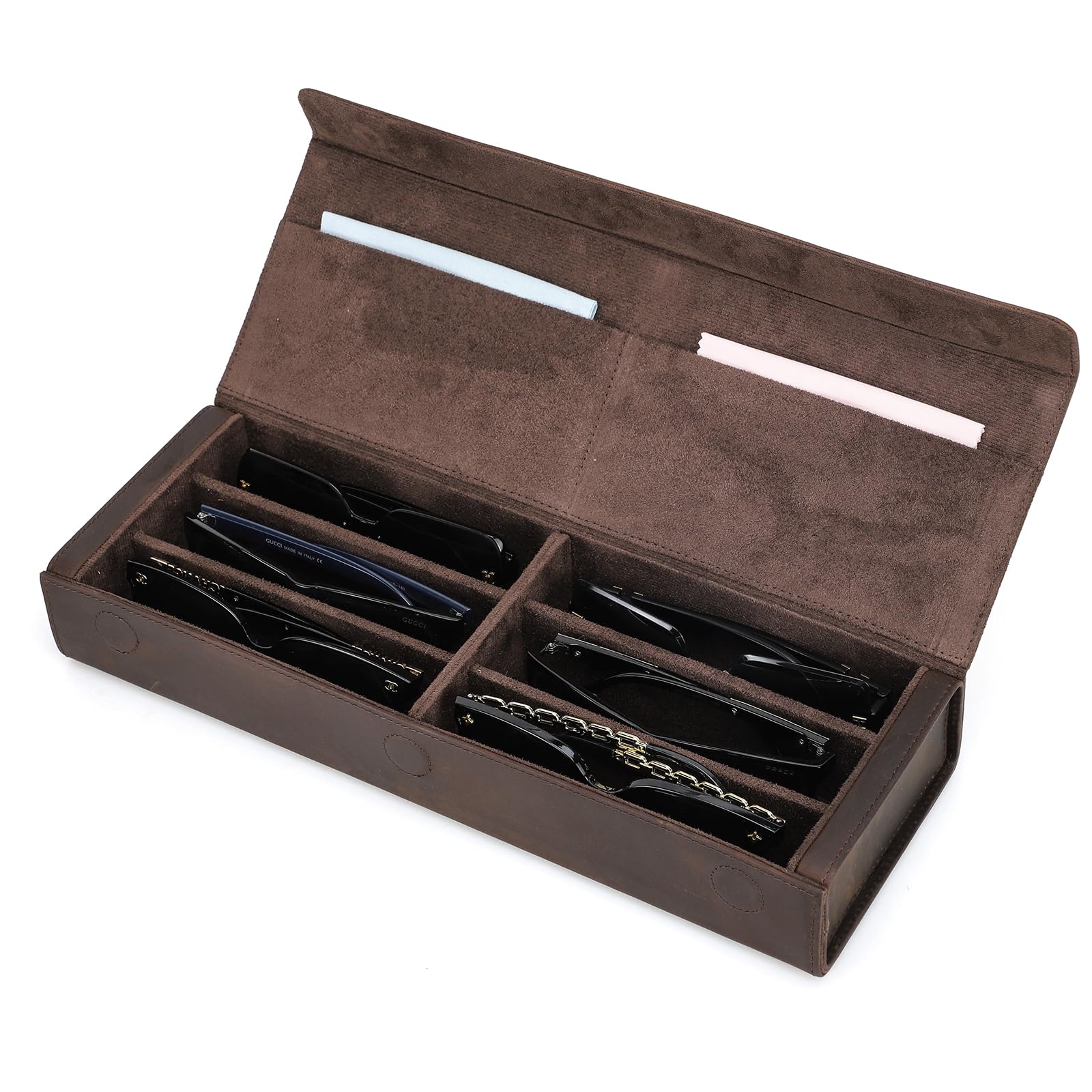 Contacts Caja de almacenamiento de gafas de cuero para hombres y mujeres, soporte para 2/4 lentes de sol, estuche de viaje, organizador de gafas con forro de microfibra y ranura para paño de limpieza