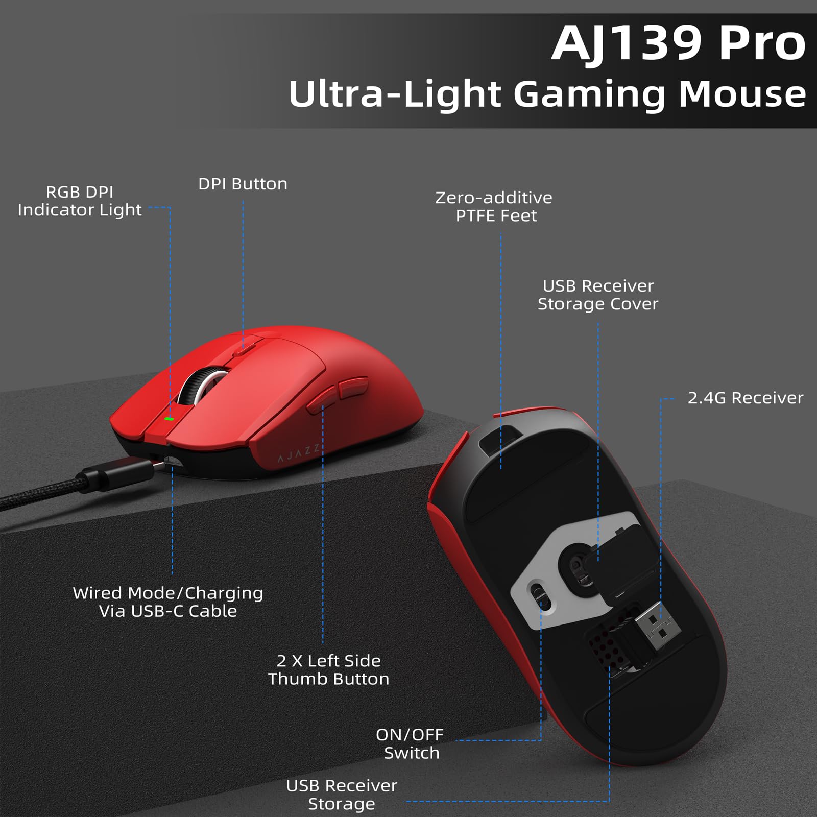AJAZZ AJ139 PRO X SUPERLIGHT Ratón Inalámbrico para Juegos,Ultraligero(59g),Pixart PAW3395 Sensor óptico,26000DPI,2.4 Ghz/USB C Cable,6 Botones Programables,200Hours Battery Life,para PC/MAC -Rojo