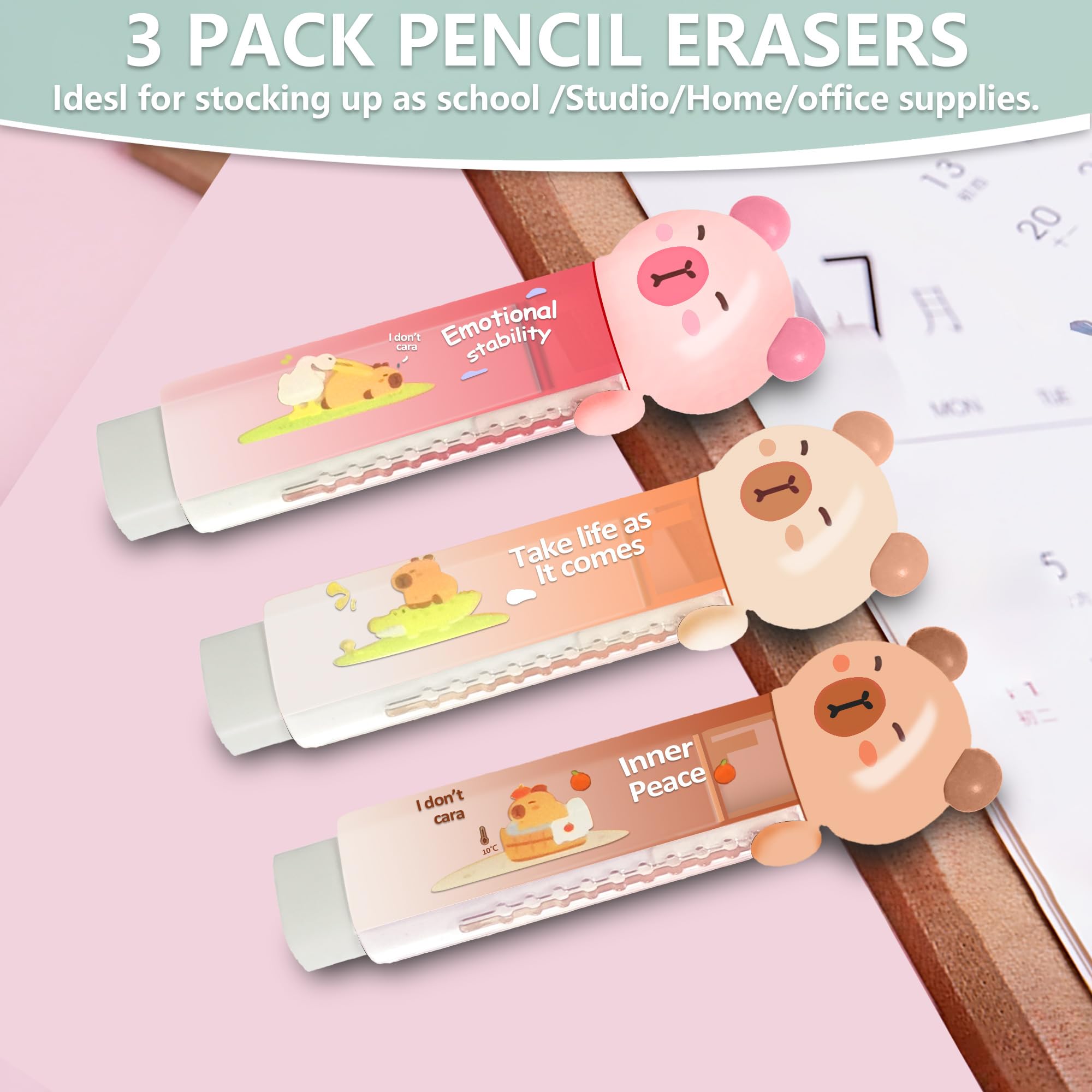 Capybara - Juego de 6 artículos de papelería lindos, suministros escolares kawaii, incluye 3 sacapuntas y 3 borradores retráctiles, para suministros kawaii de oficina, escuela y hogar (Capybara)
