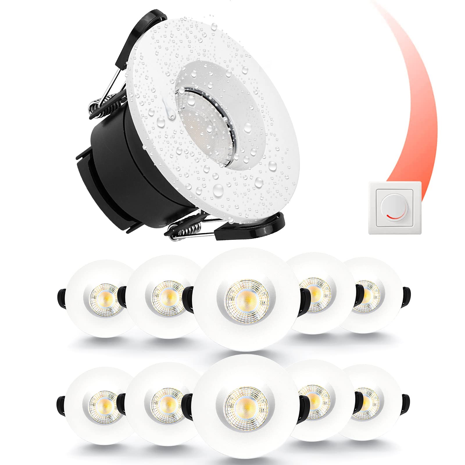 paul russells LED Recessed Downlight, Dimmable Warm/Cool/Day White 3 Adjustable CCT, 6Watt, IP65 Water, Dust & Fireproof Round Spotlight with Fixed Bulb and White Bezel Ceiling Lights, 10 Packs — image 1