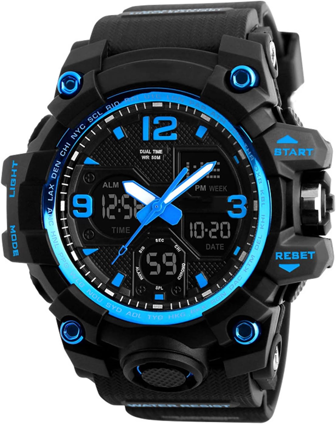 Jelercy Boy Dual Dial Analog Digital Watch 5 ATM 50M Waterproof Shock Oversized Face Running Sports Watches for Men,Blue