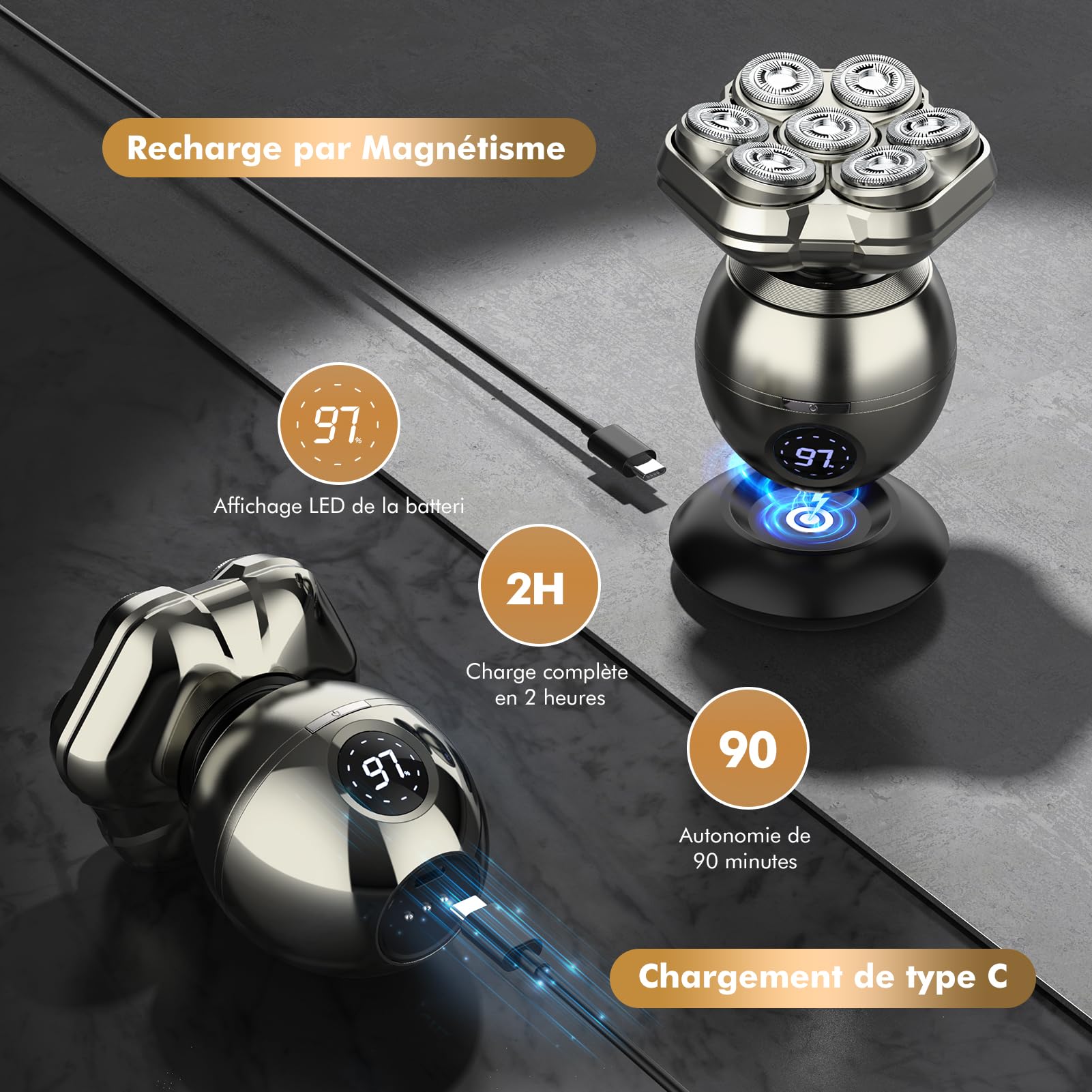 Rasoir Tete Chauve Homm,7D Rasoir Electriques Hommes Cheveux-6 en 1 Tondeuse Crane Chauve, Rasoir Chauve magnétique amovible, Humide/Sec Étanche IPX7 pour Hommes Chauves avec Écran LED