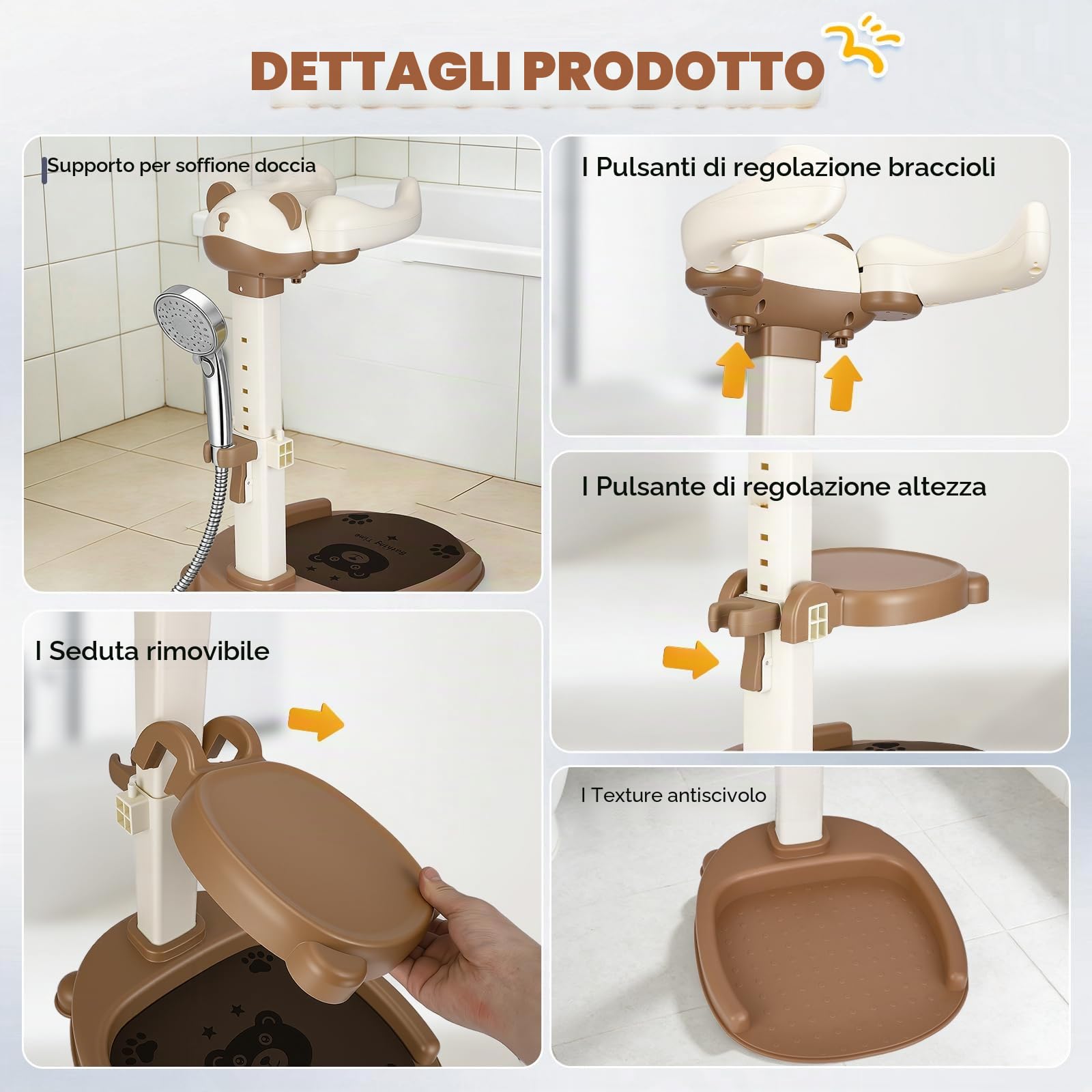Supporto Doccia Bebè con Seduta, 7 Altezze Regolabili Antiscivolo | ABS senza BPA, seduta rimovibile, supporto doccetta, base antiscivolo, per bambini 6-36 mesi