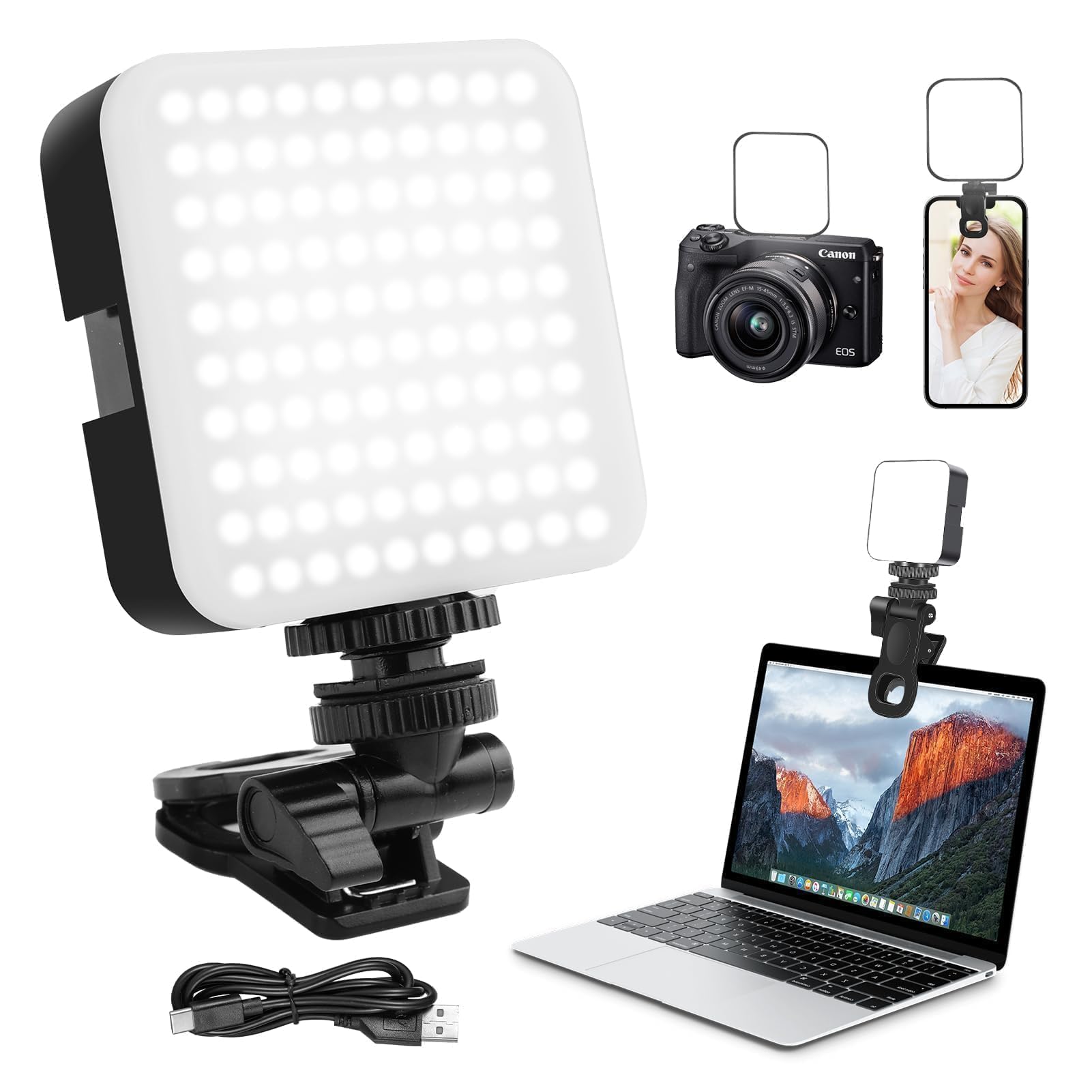 100 LED Professionale Luce Video, 3000-5500K 3 Modalità di Luce Video, Batterie Integrate da 1200Mah, CRI 90+, Luce Selfie con Clips per Telefono per Video Conferenza per iPhone, iPad, Laptop