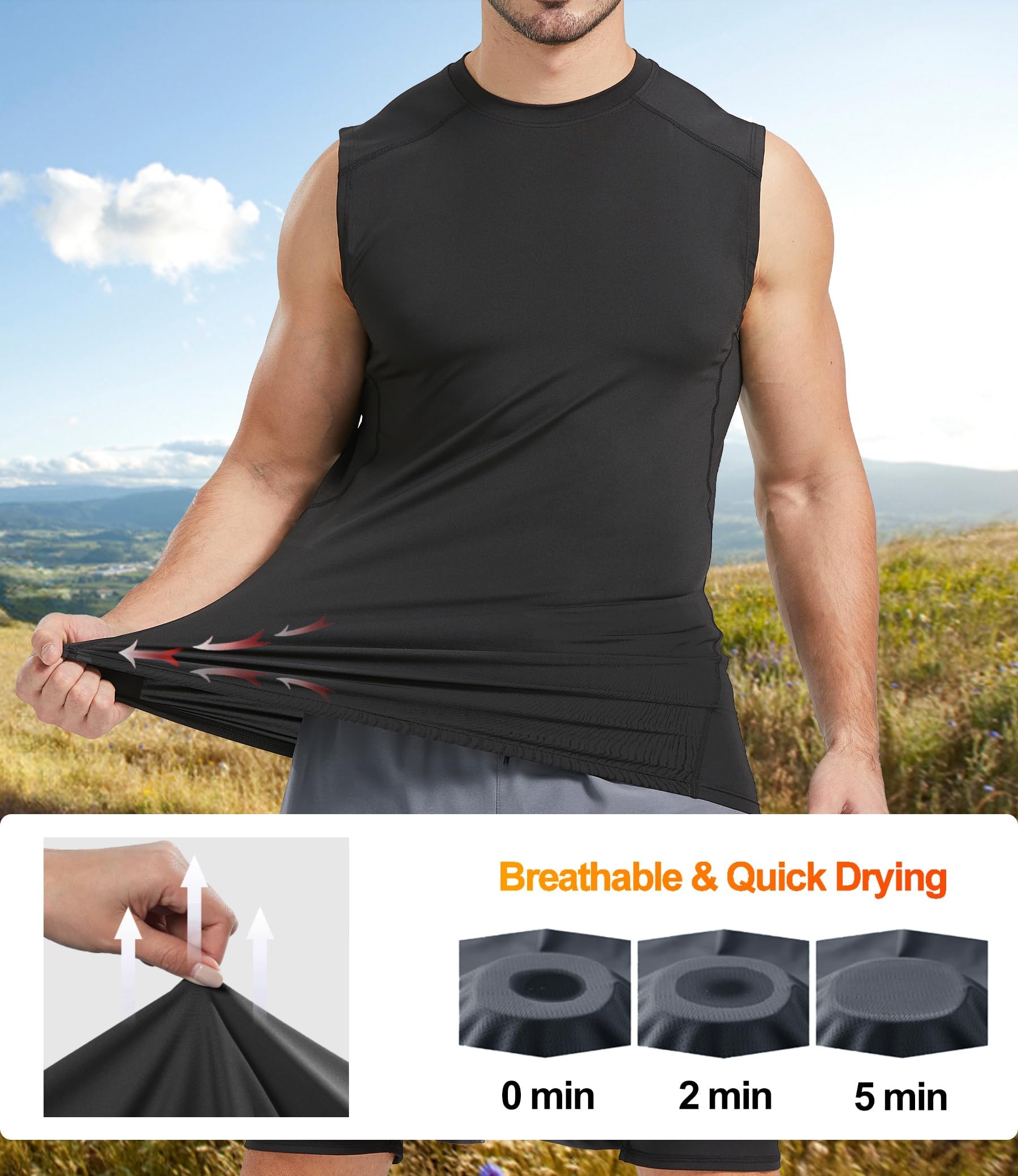 Dalavch Ärmellose Kompressions-Shirts für Herren, trockene Passform, Laufen, Sport, Workout, athletische Baselayer, Tank-Tops, 5/6er-Pack