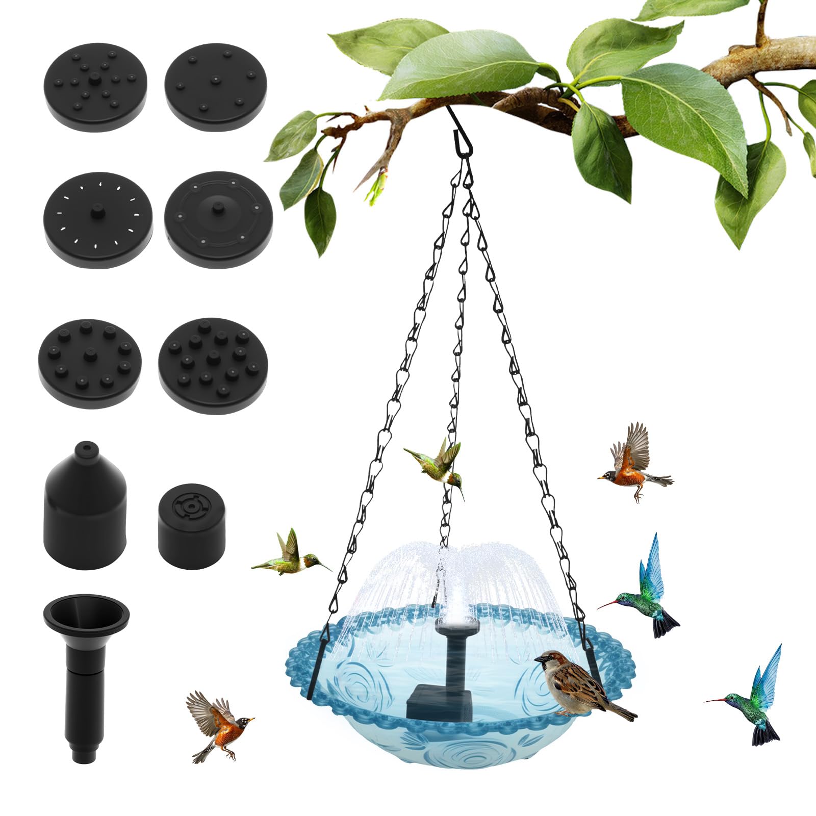 Abbeveratoio per uccelli da appendere, a energia solare con fontana per esterni, gancio in metallo, distributore di mangime per colibri, stazione per mangimi per animali selvatici, decorazione da