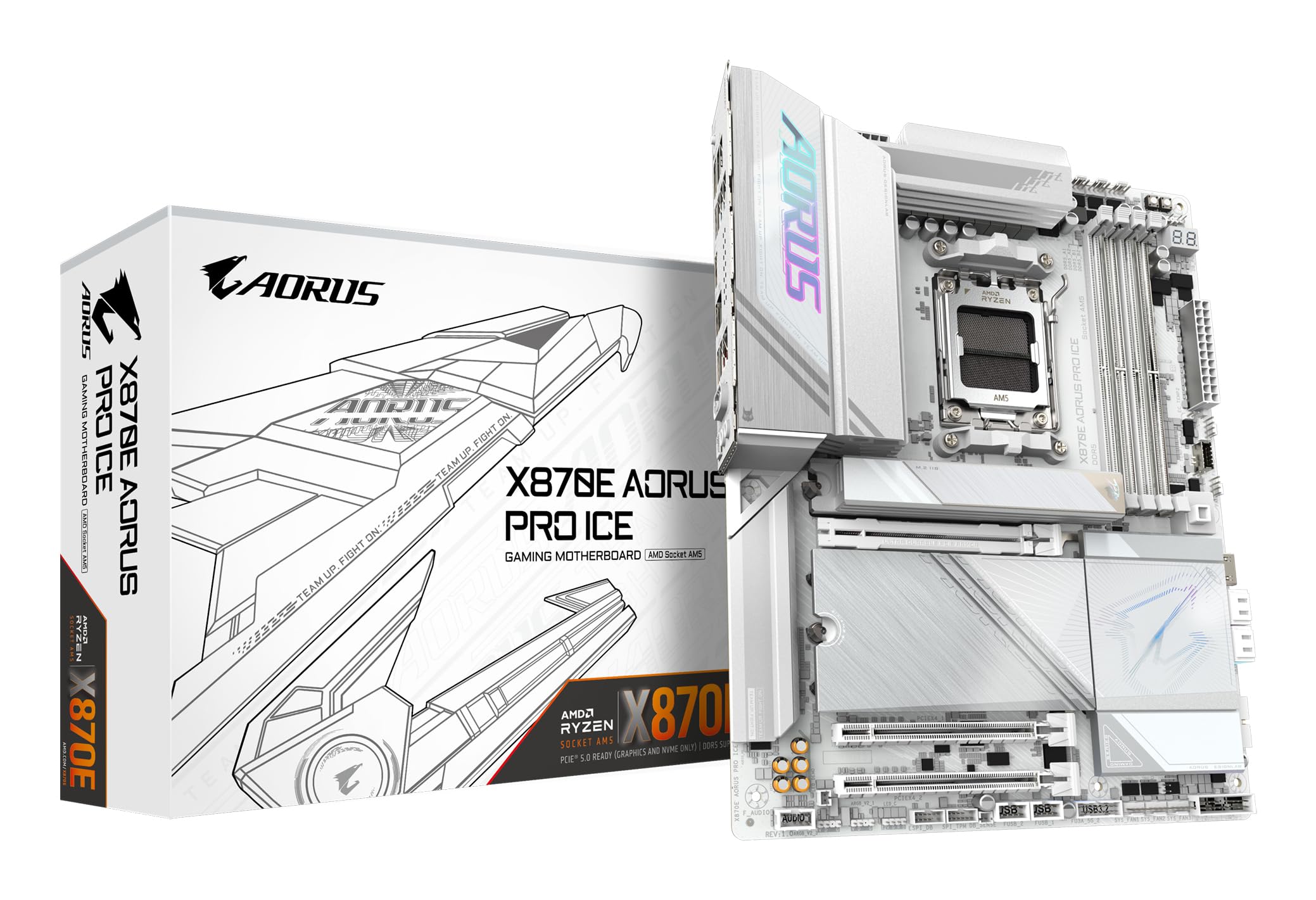 GIGABYTE Carte mère X870E AORUS Pro Ice - Prend en Charge Les processeurs AMD Ryzen 9000, VRM numérique 16+2+2 Phases, jusqu'à 8000MHz DDR5 (OC), 3xPCIe 5.0, Wi-FI 7, LAN 2.5GbE, USB 4