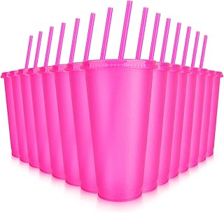 Hxezoc 16-Piece Reusable Cups with Lids and Straws, 24 oz Glitter Plasti...
