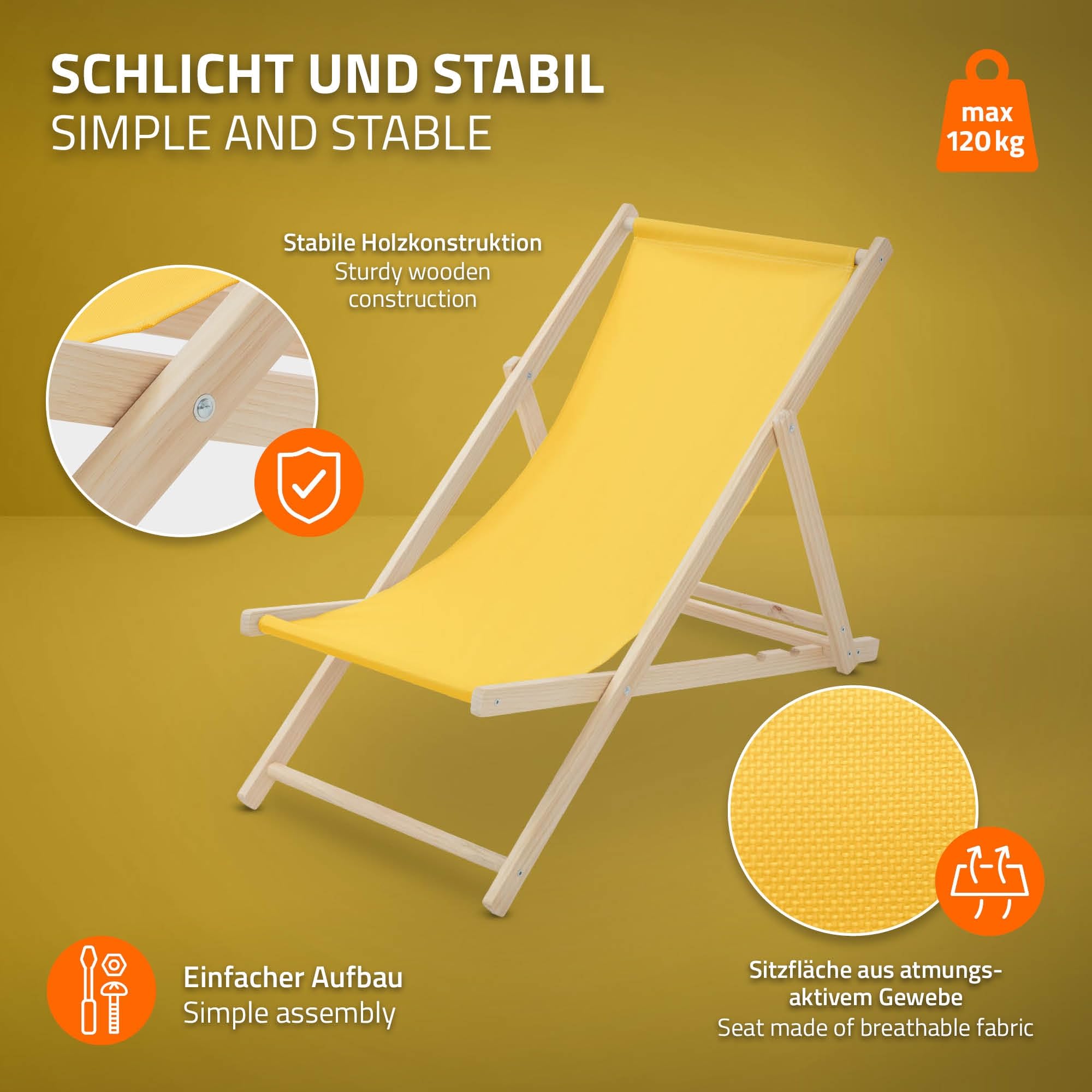ECD Germany Lot de 2 Chaises Longues Pliantes en Bois Chiliennes, Jaune, Dossier Réglable, 3 Positions de Couchage, jusqu'à 120kg, Bain de Soleil en Tissu pour la Plage Jardin Terrasse Camping