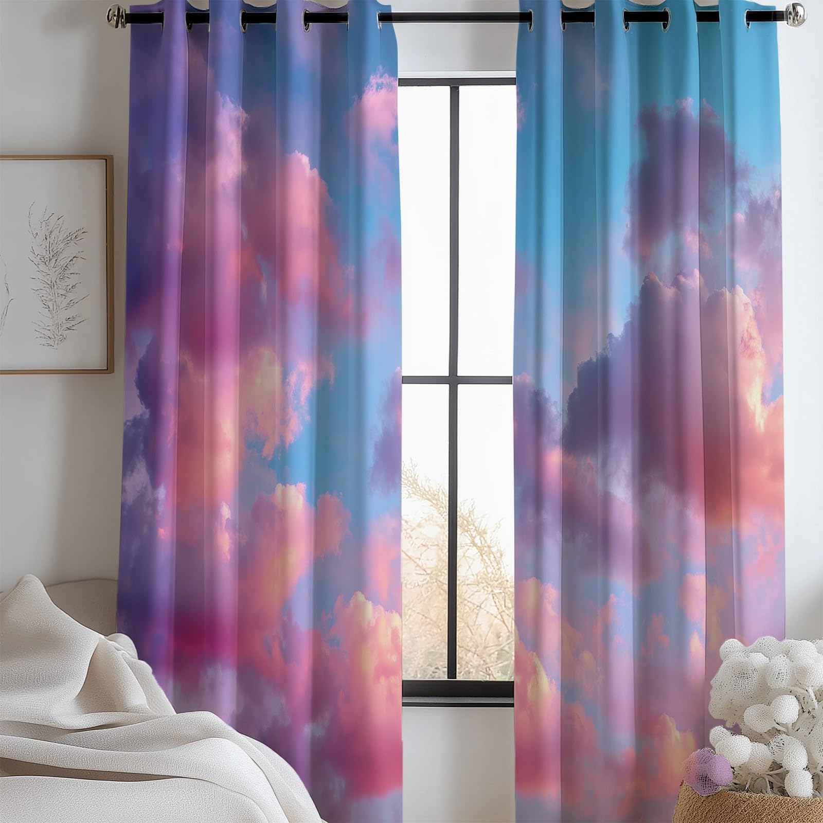 Generisch Verdunklungsvorhänge Retro Wolken Kinderzimmer Vorhänge Blickdicht, Rosa Thermovorhang mit Ösen, für Schlafzimmer Fenster & Balkon Himmel Natur Fantasie - 110 x 215 cm (2er Set)