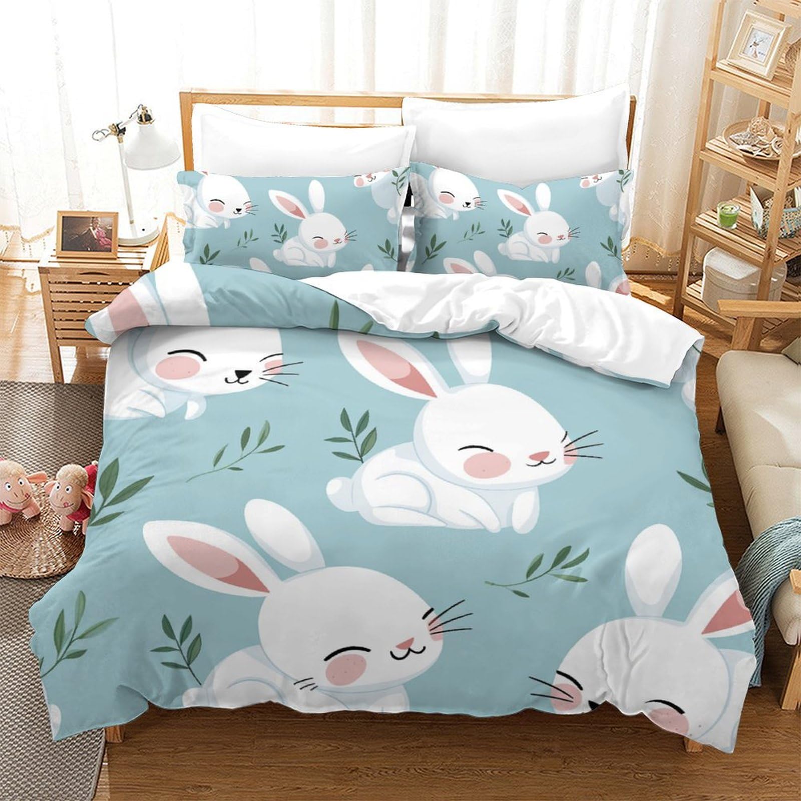 Housse de couette lapin 3D 200x200 literie enfants microfibre avec taie d'oreiller