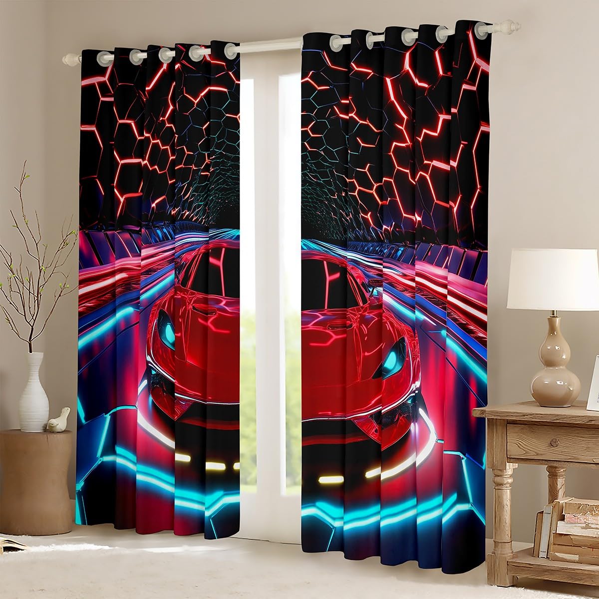 Homemissing Kids Race Car Curtains Red Black Sports Car Window Curtains for Bedroom Living Room for Extreme Sports Theme Window Drapes Speed Luxury Car 30%-50% Blackout Curtains,W46*L54,2 Panels - Image 2