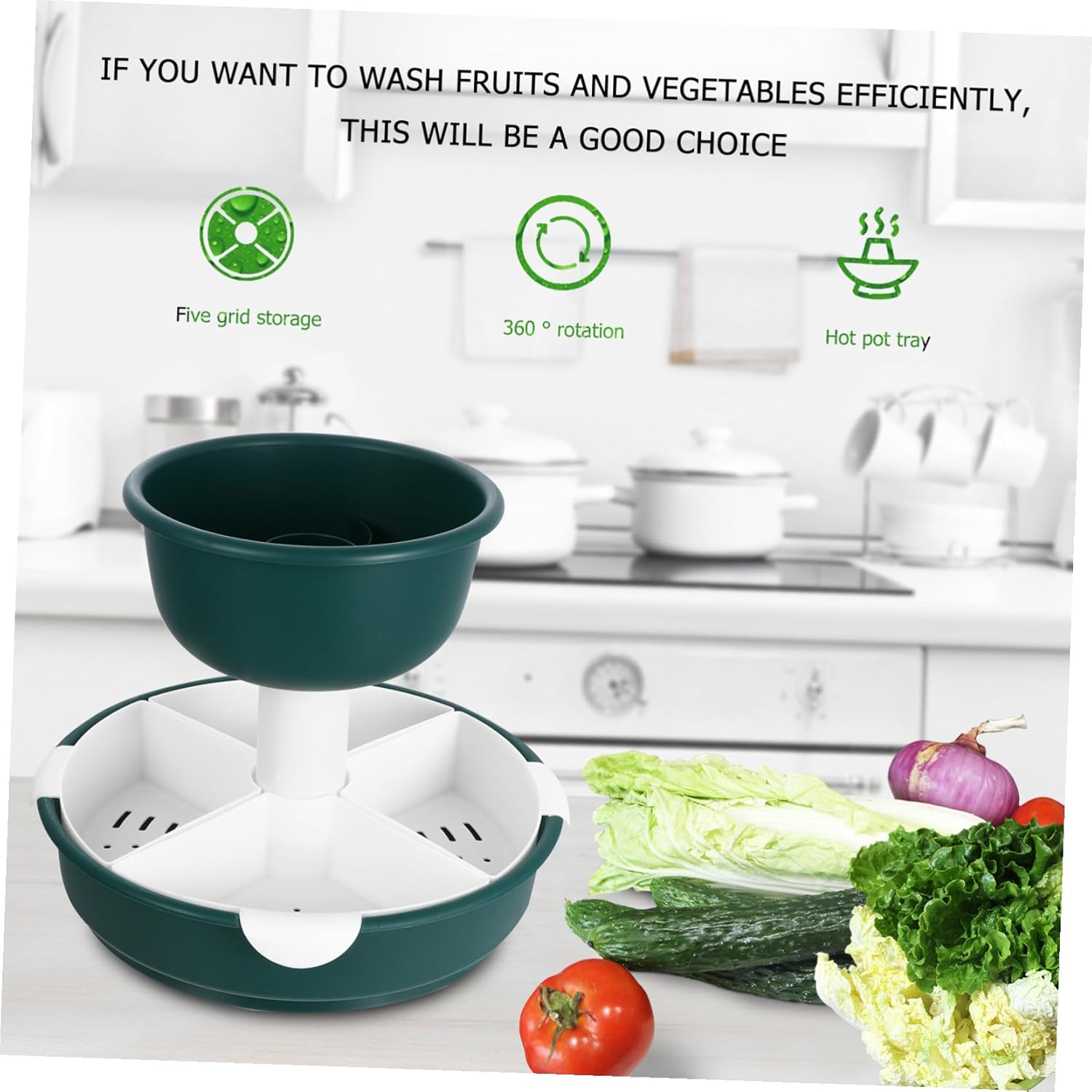 Double-layer Rotatable Vegetable and Fruit Basket for Kitchen Draining Storage Tray with Hollow Design Home Basket for Hot Pot and Food Cleaning Mint Green