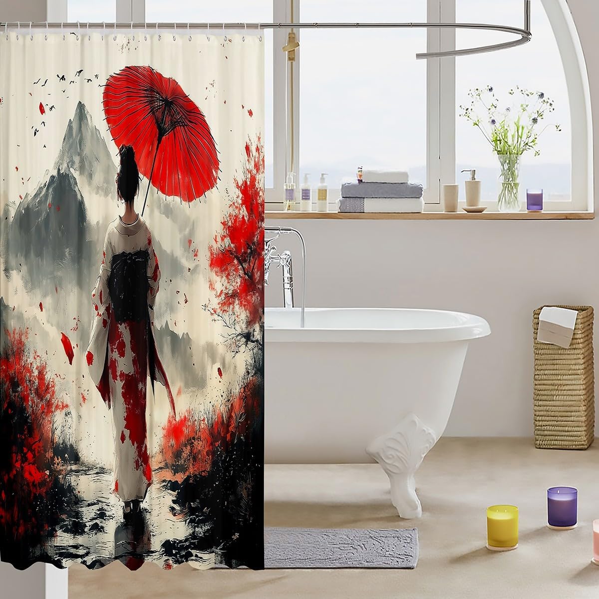 Erosebridal Aesthetic Japanese Shower Curtain 72" Wx78 L,Japan Kimono Fabric Shower Curtains for Girl Women Lady,Samurai Ukiyoe Bath Accessories,Mount Fuji Waterproof Bathroom Curtains image 3