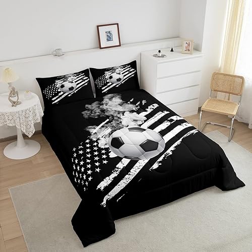 Miniatura 3 de Juego de ropa de cama de fútbol tamaño matrimonial para niños y niñas, juego de edredón de bandera estadounidense para todas las estaciones, relleno