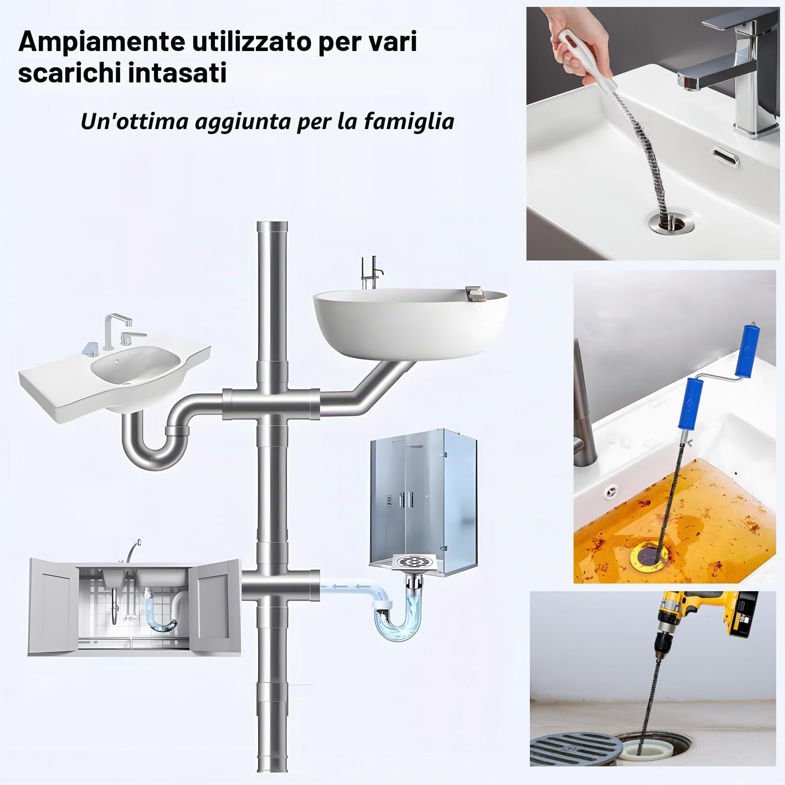 Spirale per la pulizia dei tubi Ø 8 mm x 10 m, con manovella, in acciaio a molla, spirale di scarico per la pulizia dei tubi, spazzola di scarico per ostruzioni difficili da rimuovere - Procedura di