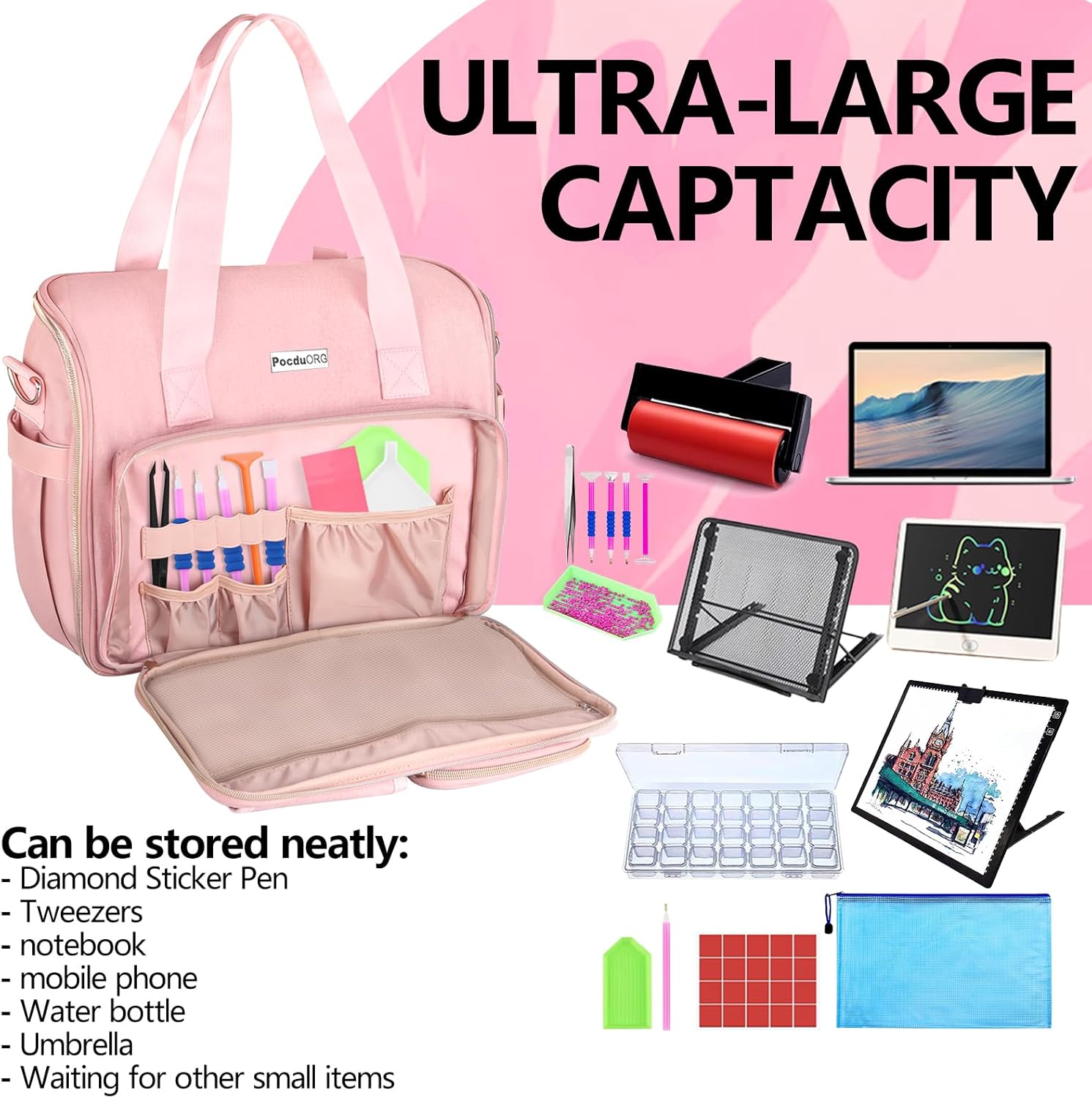 Portable A4 Light Pad Storage Bag for Diamond Painting Accessories, Tote Organizer Case with Multiple Pockets - Compatible with A4 Light Board, Art Supplies & Travel Carrying (Pink S)