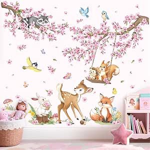 decalmile Woodland Animals Pink Flower Wall Stickers Cherry Blossom ...