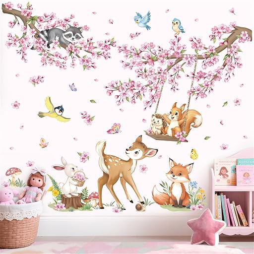 decalmile Woodland Animals Pink Flower Cherry Blossom Wall Decals Stickers | Peel and Stick Decals for Walls, DIY Wall Art Stickers, Removable & Wall-Safe, Vibrant Colors Wall Decor