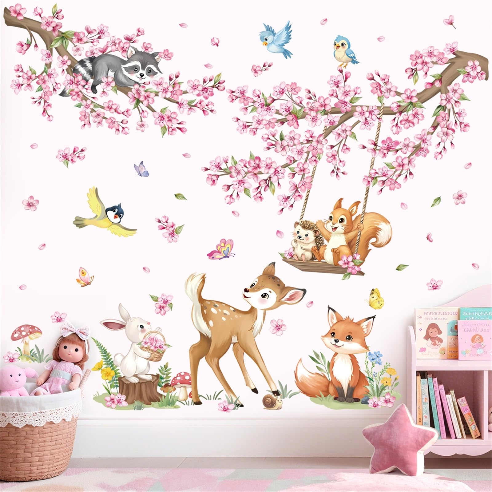 Supzone Muursticker bosdieren kersenbloesem roze bloemen grote muursticker vos herten haas boom muursticker kinderkamer meisje babykamer slaapkamer wanddecoratie