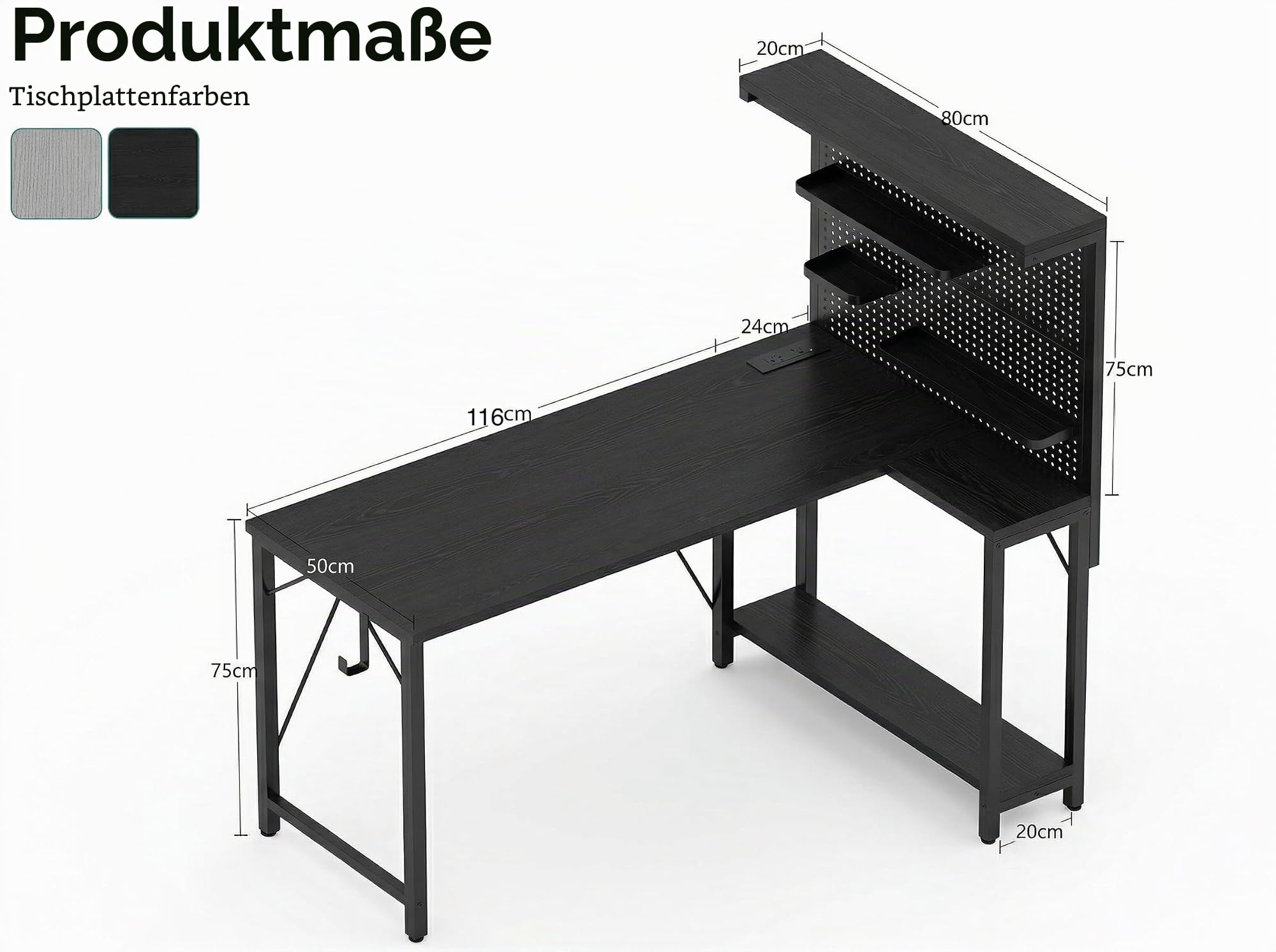 L-förmiger Gaming-Tisch mit Lochwandaufsatz und Regalen, Eck-Computertisch mit Steckdose, umkehrbarer Büroschreibtisch mit 3 abnehmbaren Ablagen für Zuhause und Schlafzimmer, 120*80cm Schwarz