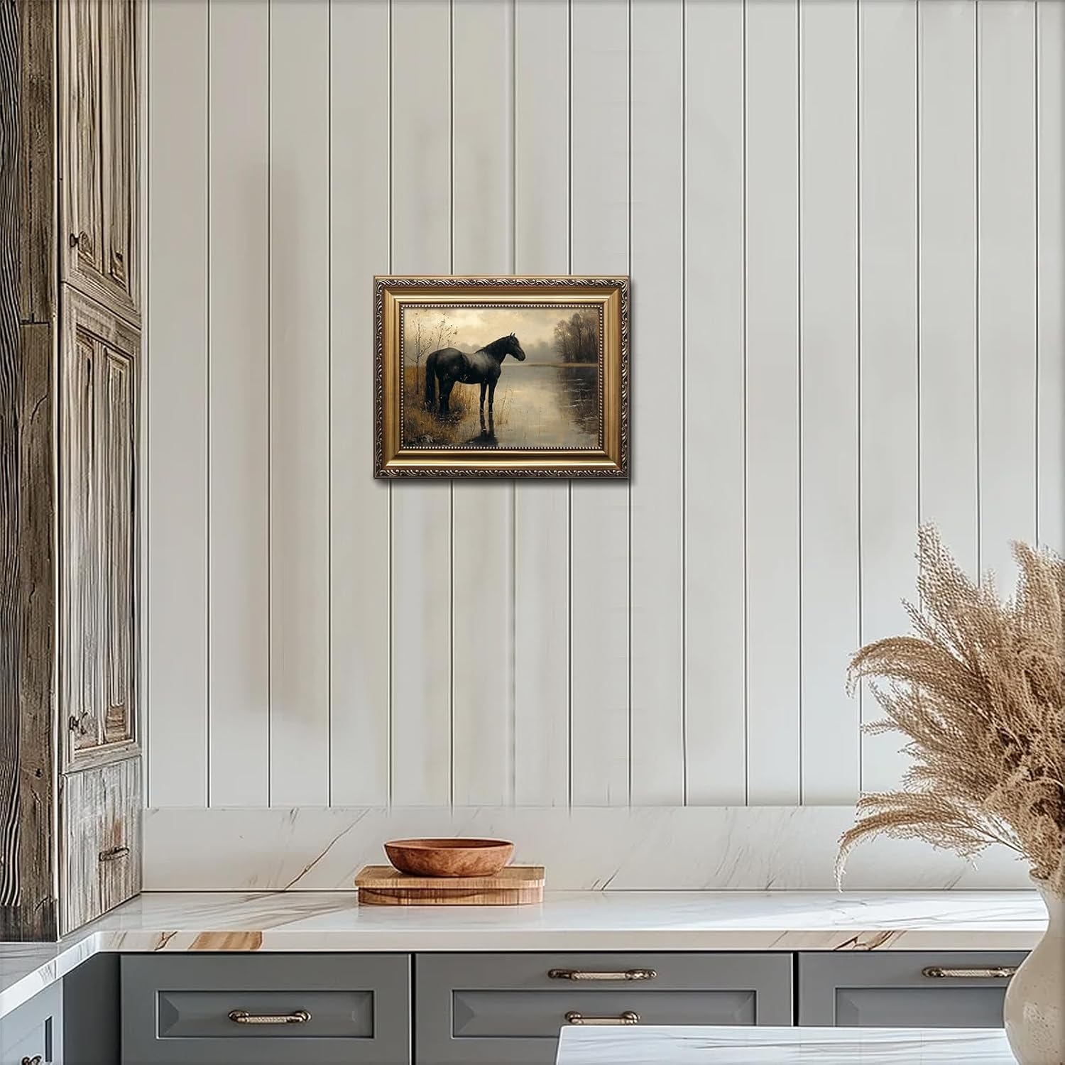 Vintage Horse Framed Wall Art Moody Equestrian Print with Gold Frame Horse Pictures Wall Decor, Horse Painting for Kitchen, Dining Room, Desktop Decor, Western Wall Art 9x12 Inch