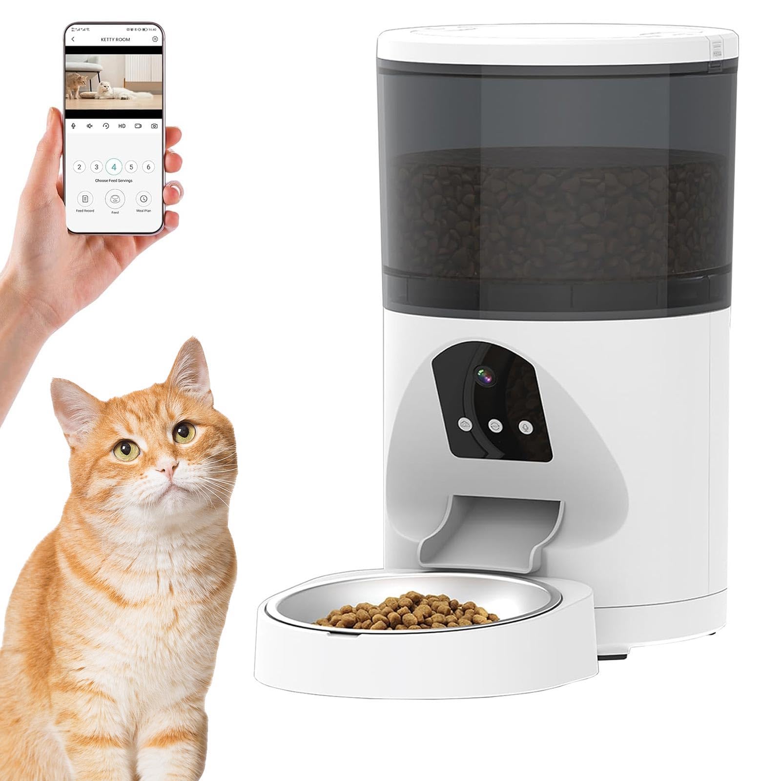 Dispensador de croquetas para gatos y perros WiFi, 6 l, dispensador automático de alimentos para animales domésticos con cámara, horarios de comedero personalizados, micrófono y caja última versión