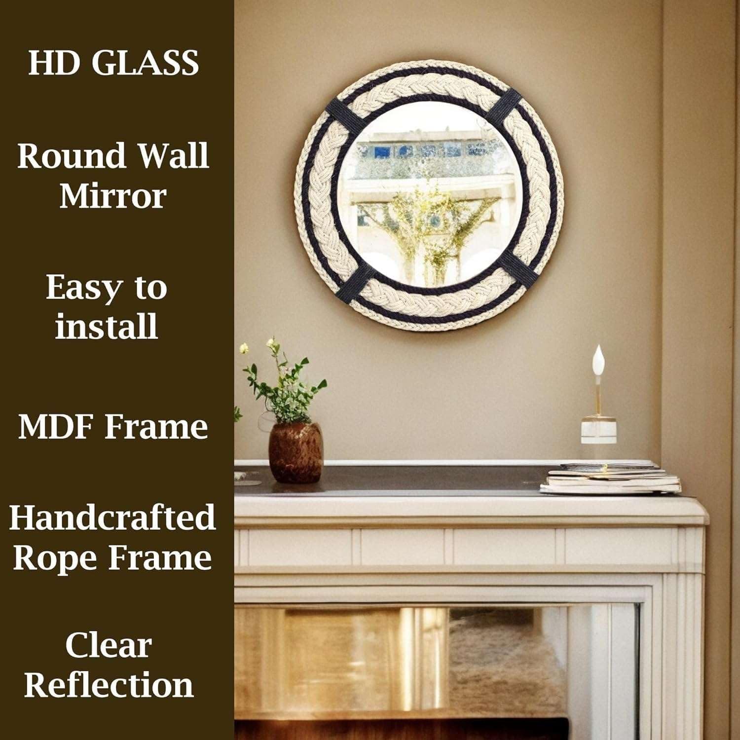 18 Inch Round Nautical Coastal Wall Mirror with Jute Rope Frame | Round Wall Mirror for Bathroom Vanity, Wooden Farmhouse Boho Circle Mirrors for Bedroom, Entryway, Living Room, Kithen, Black & White