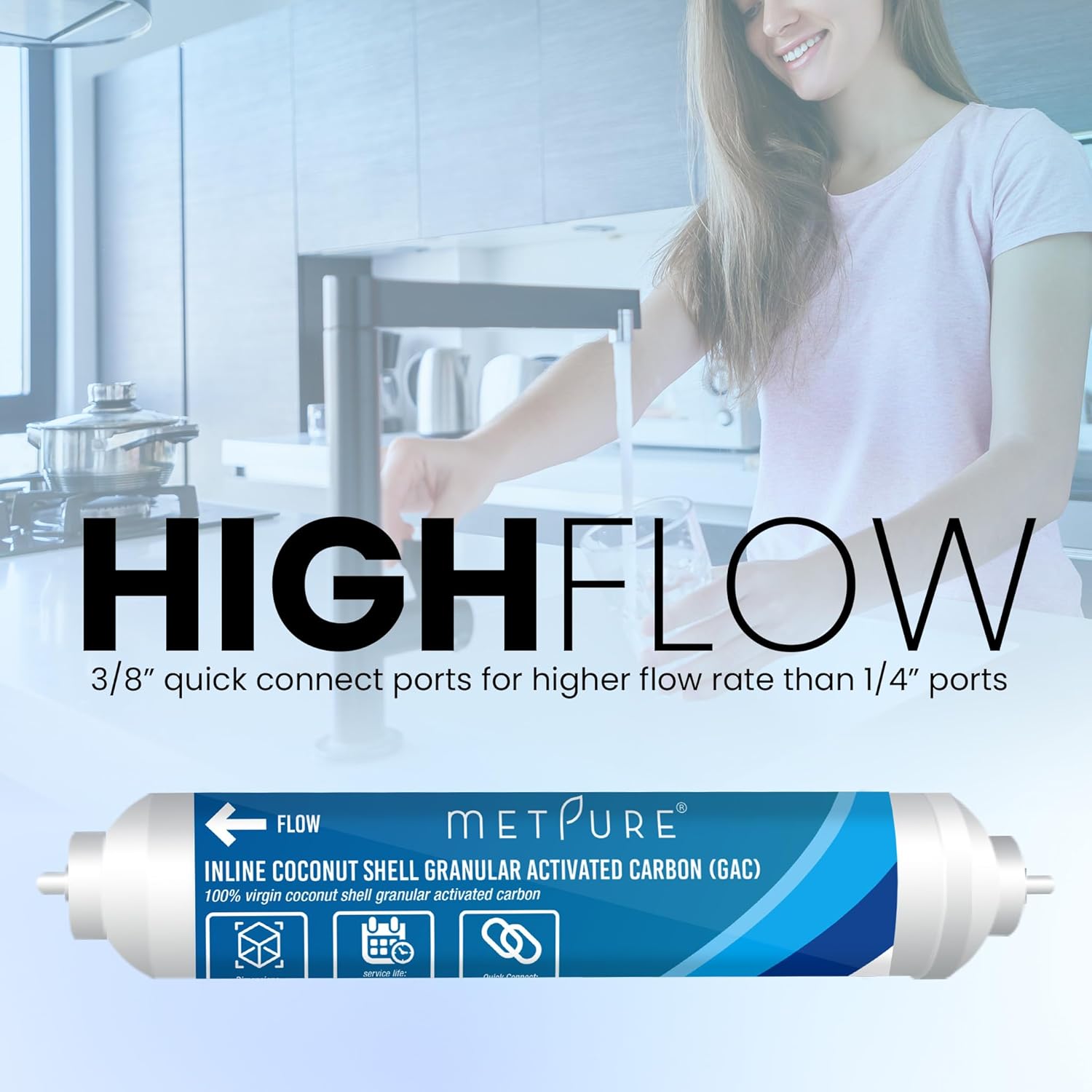 Metpure Inline GAC Water Filter 2" x 10" x 3/8" OD. Coconut Shell Granular Activated Carbon for RO Reverse Osmosis Water Filtration System, Refrigerator, Ice Maker. 3/8" Quick Connect. - Image 2