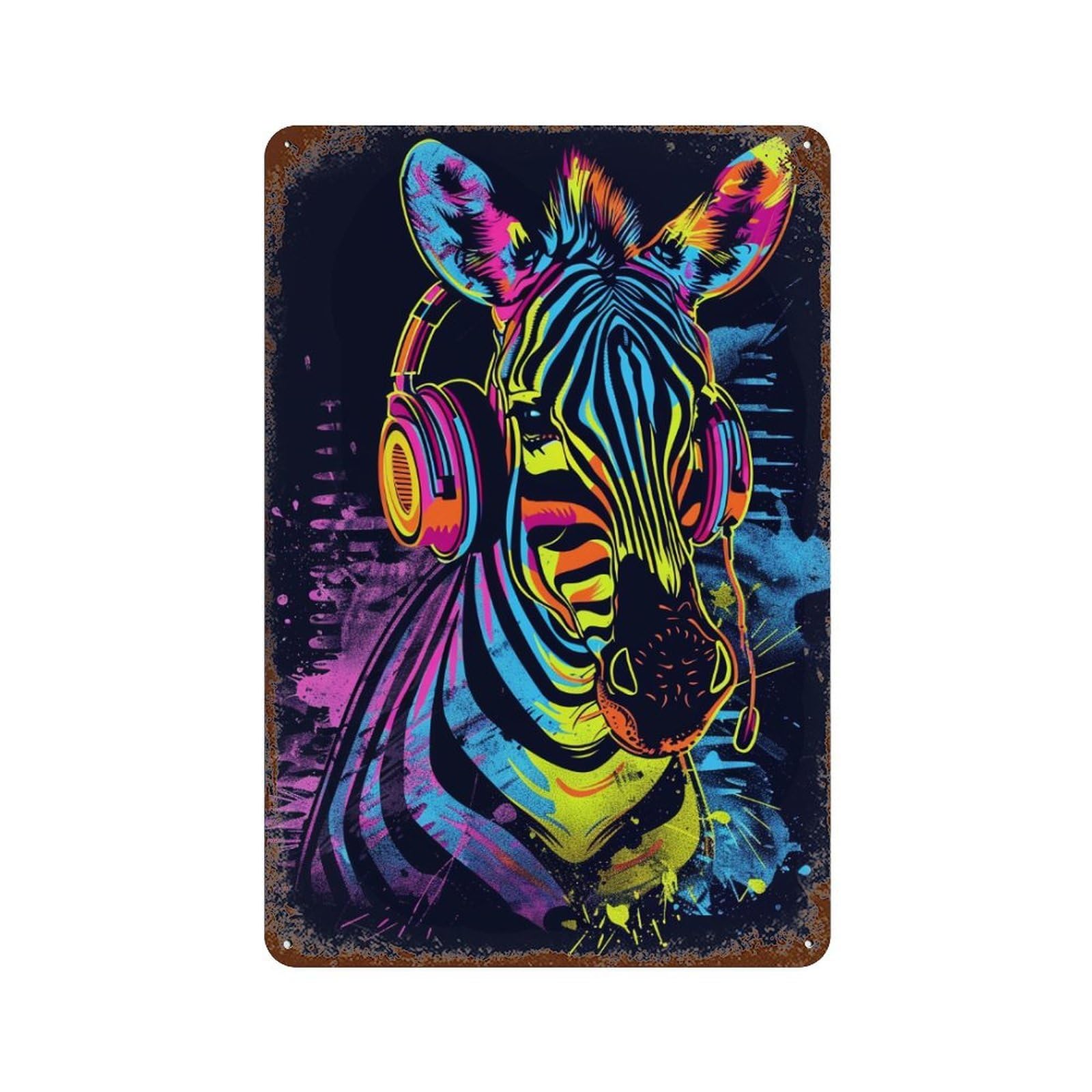 Colorful Zebra Headphones Art Print Rustic Tin Plaque 11.8"x7.9", Industrial Home Decor for Pub, Kitchen And Man Cave Decor
