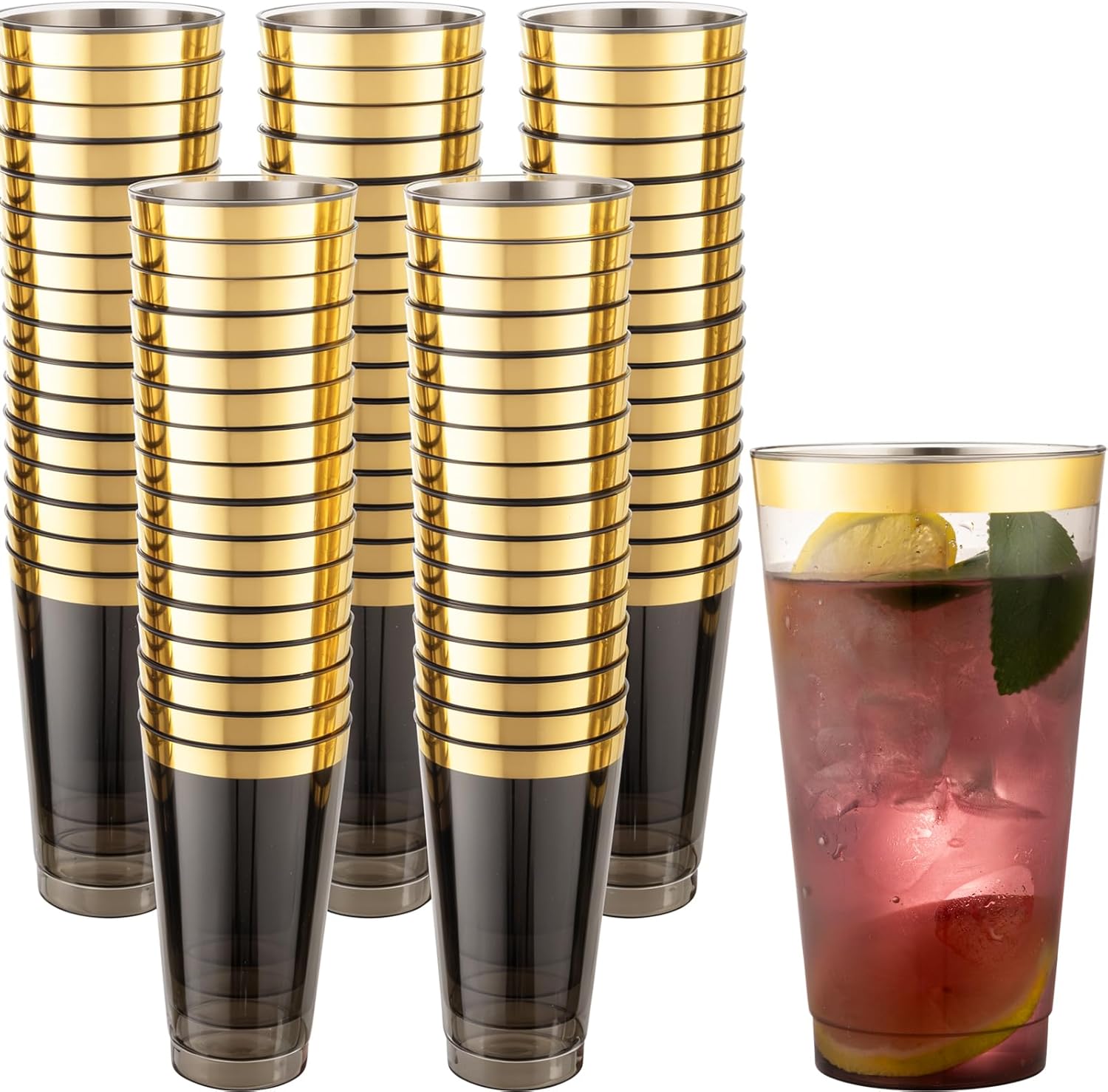 LIYH 100 Pcs Gold Plastic Cups - 16 oz Clear Black and Gold Rim Plastic Wine Cups Big Size Fancy Disposable Wine Glasses Party Cup Beverage Drinking Cup for Party & Wedding BlackGold
