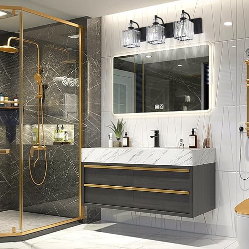 Miniatura 5 de Ralbay Lámpara de tocador negra cristalina para baño, 3 luces de 24 pulgadas, modernas lámparas de tocador de baño negro mate sobre espejo